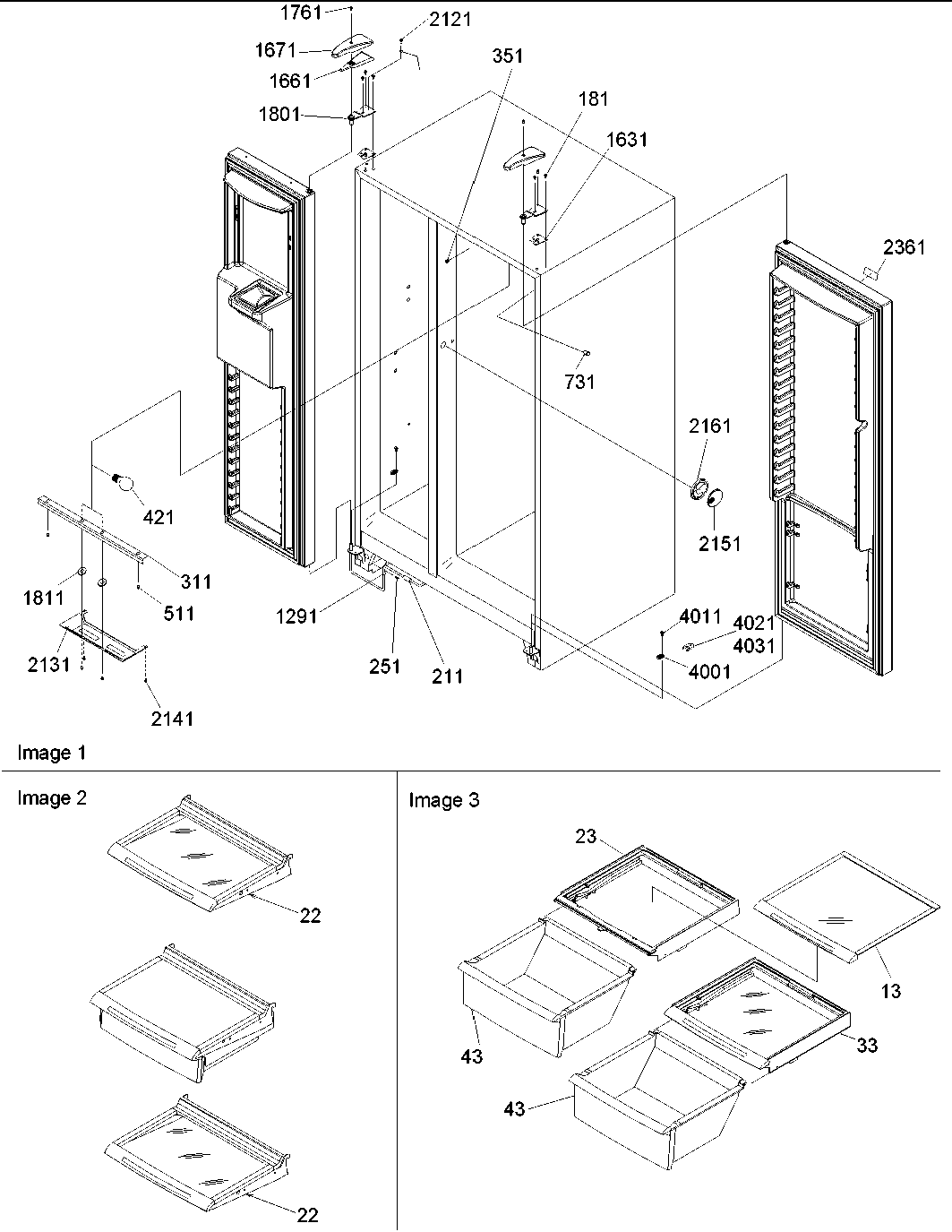 Amana DRS2662AC lights, hinges & shelving diagram
