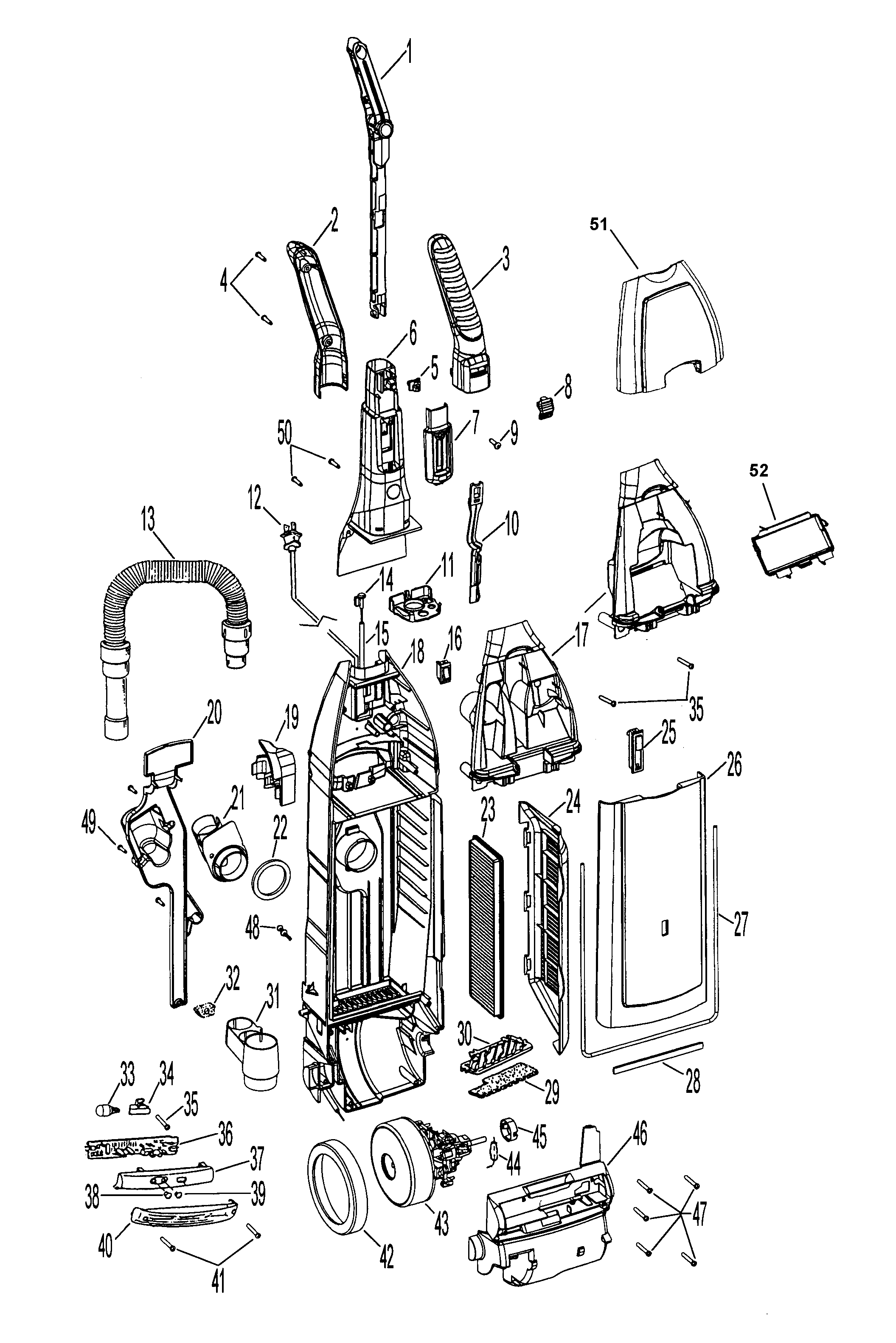 Hoover U6474900 motor, handle, hose, outerbag diagram