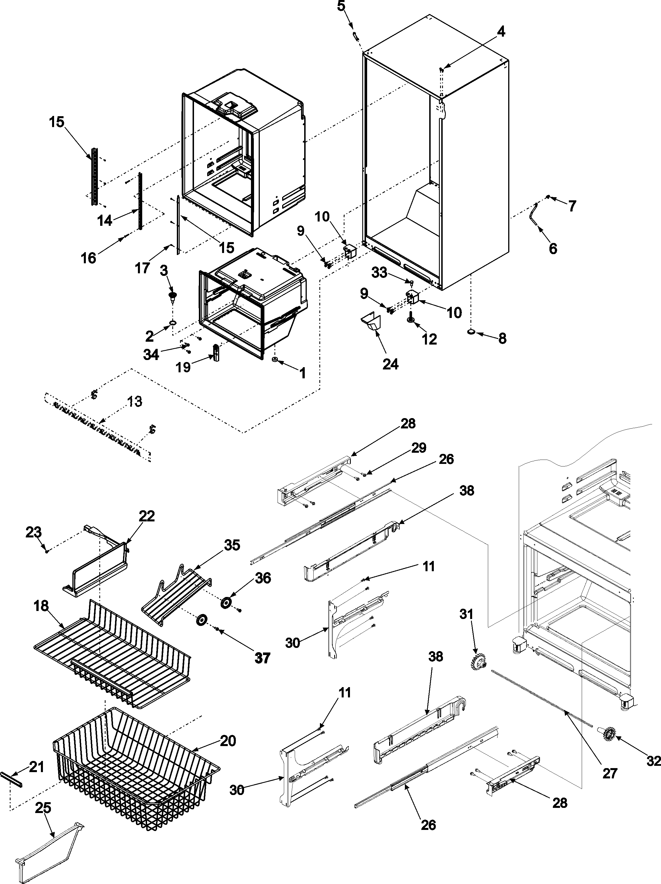 Kenmore 59666953401 interior cabinet & freezer shelving diagram