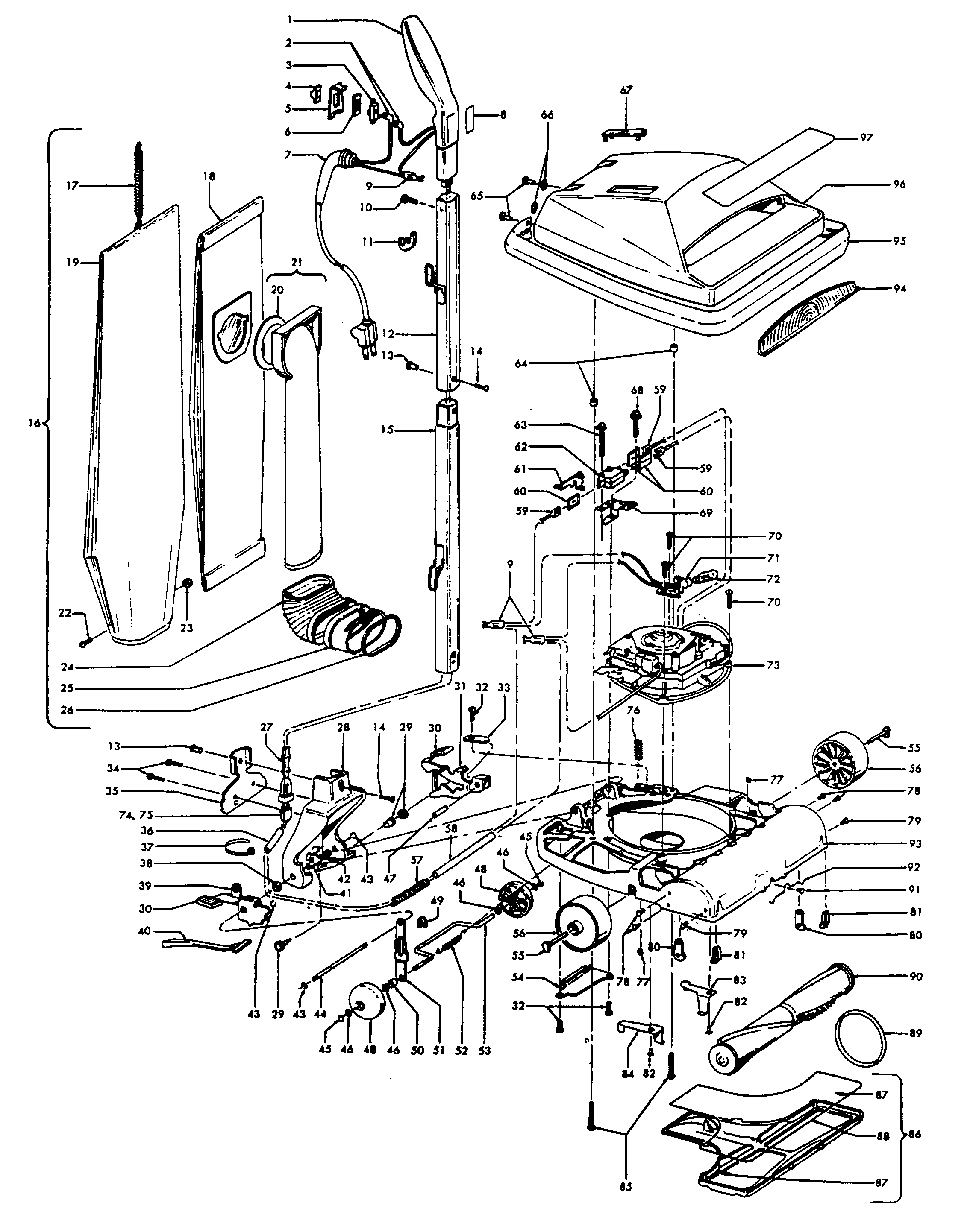 Hoover U4107 agitator, handle, mainbody, outerbag diagram