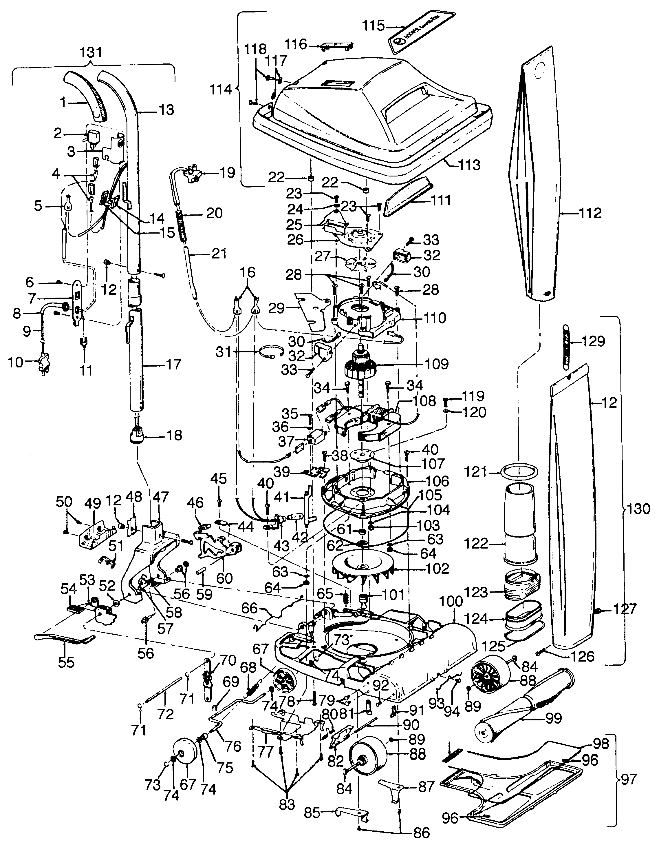 Hoover U4123 motor, handle, mainbody, outerbag, hood diagram