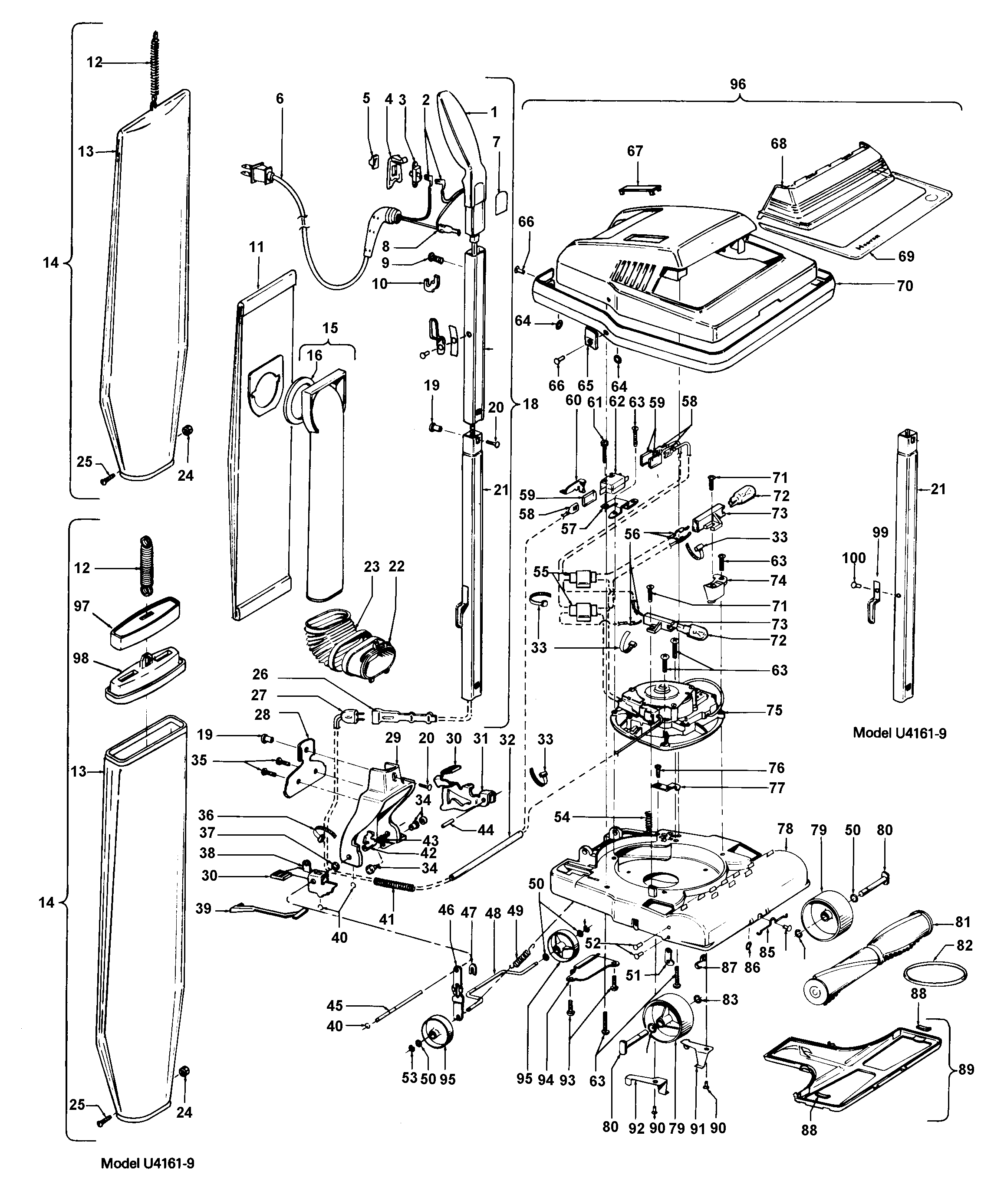 Hoover U4161-9 handle, mainbody, outerbag, hood diagram
