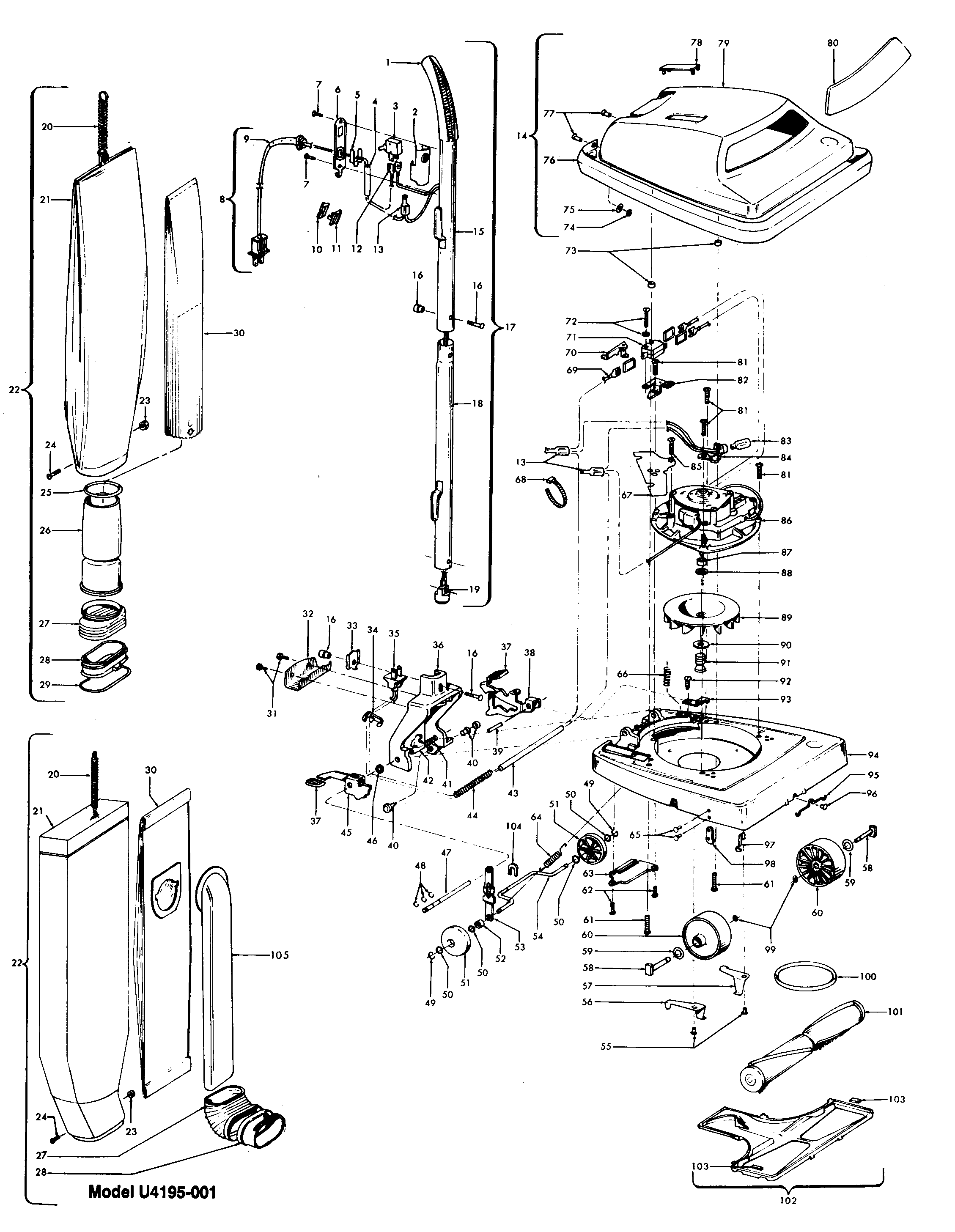 Hoover U4301-9 handle, mainbody, outerbag, hood diagram