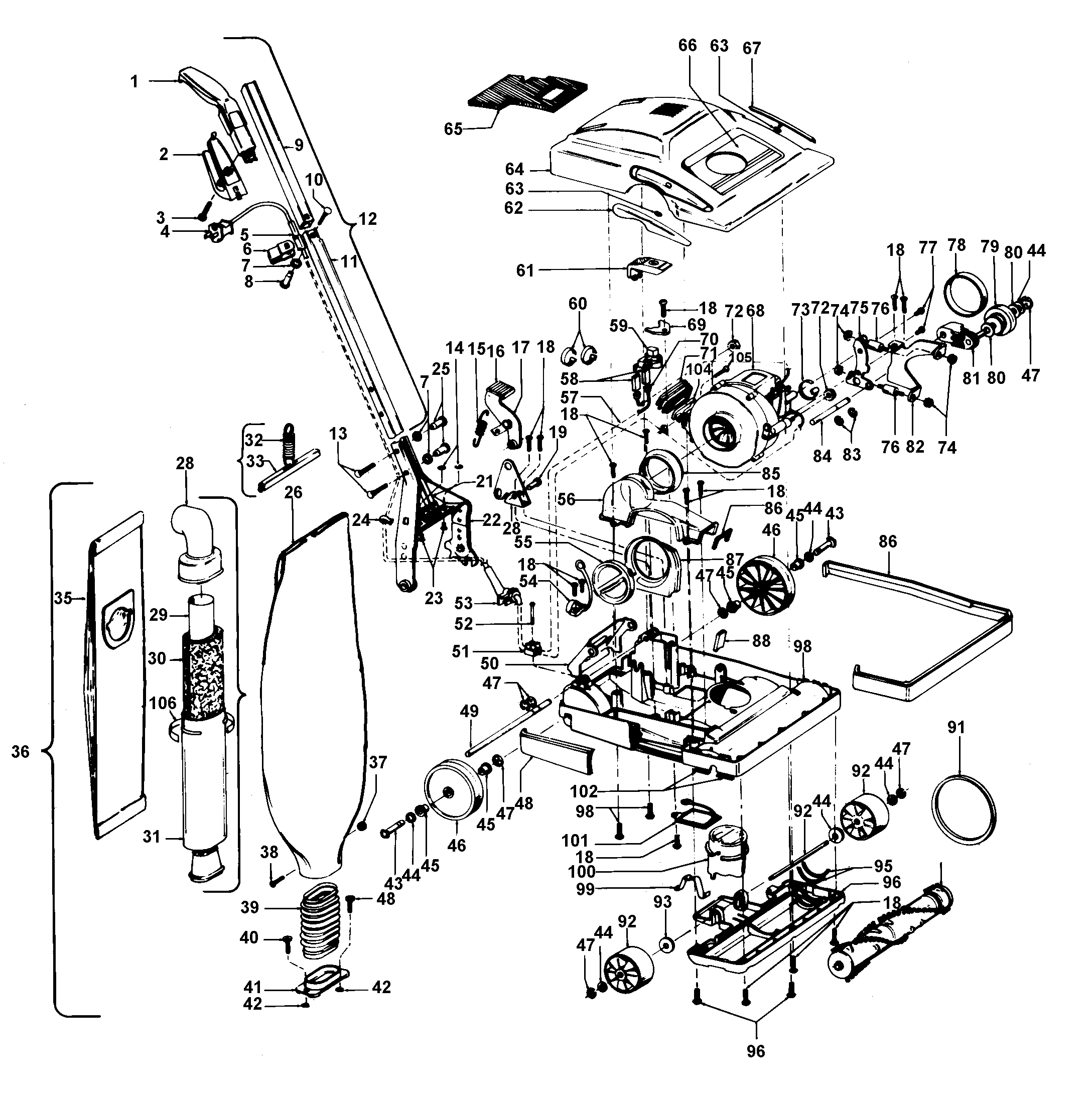 Hoover U4347--- handle, mainbody, outerbag, hood diagram