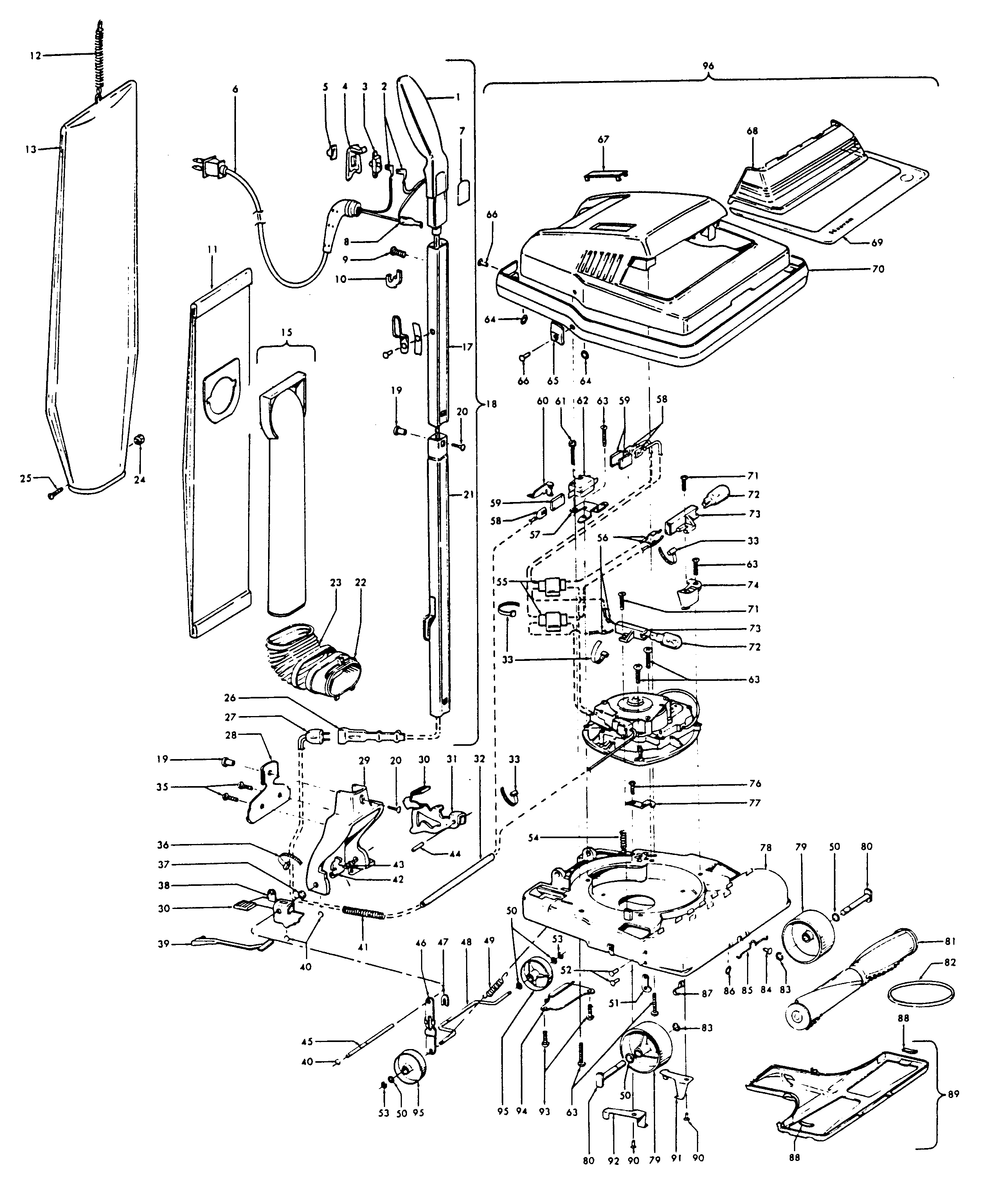 Hoover U4351 handle, mainbody, baghousing, hood diagram