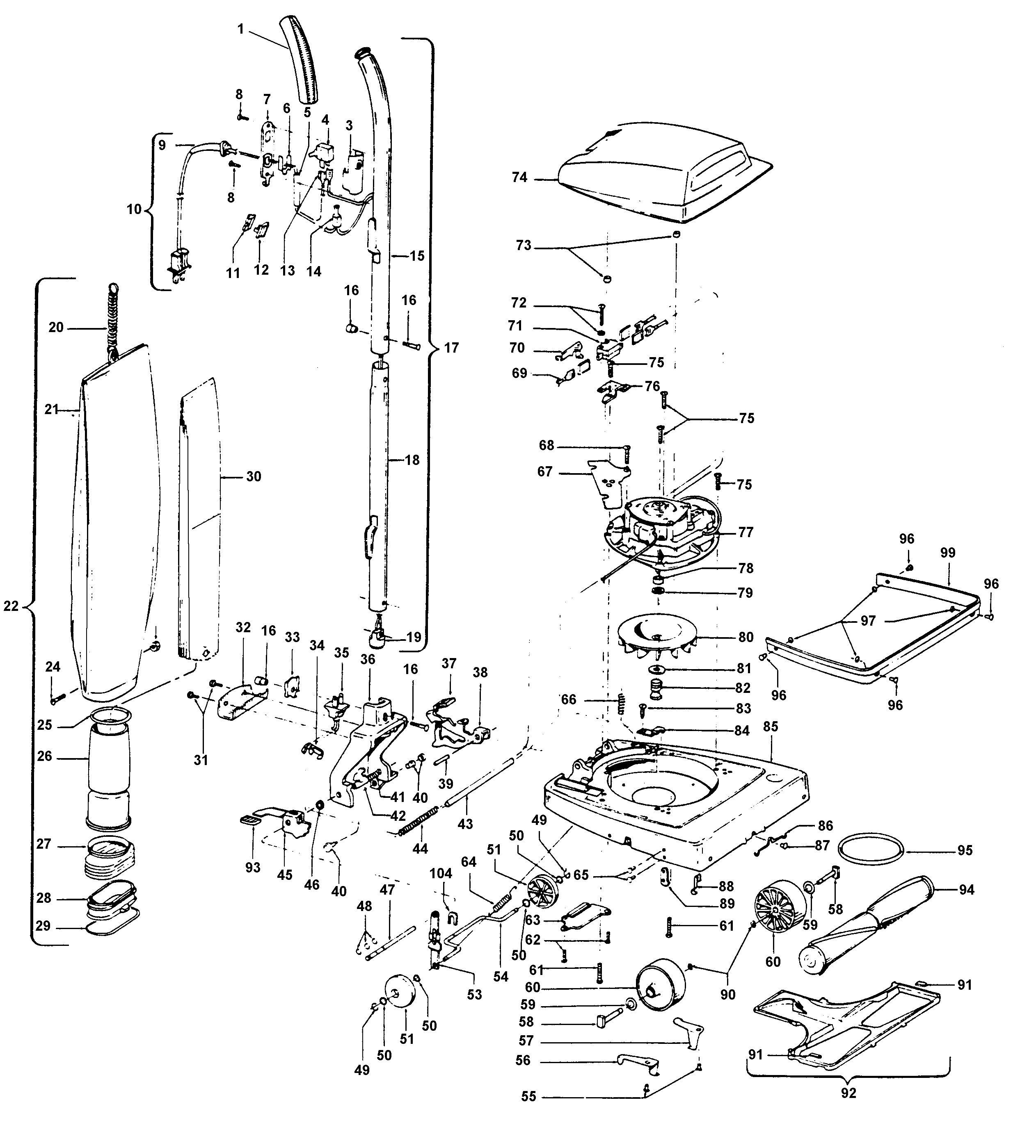 Hoover U4355 handle, mainbody, baghousing, hood diagram