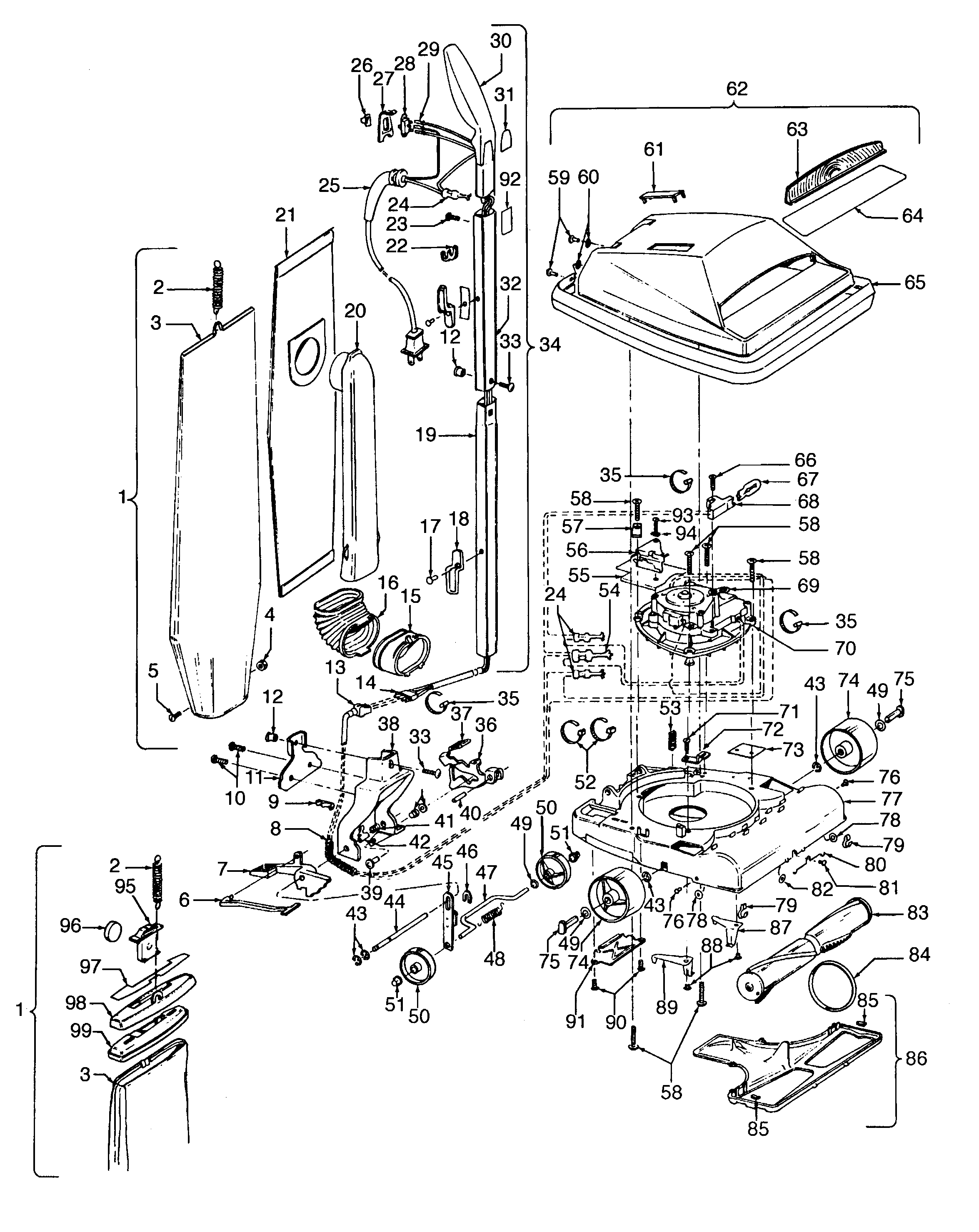 Hoover U4397--- handle, mainbody, outerbag, hood diagram