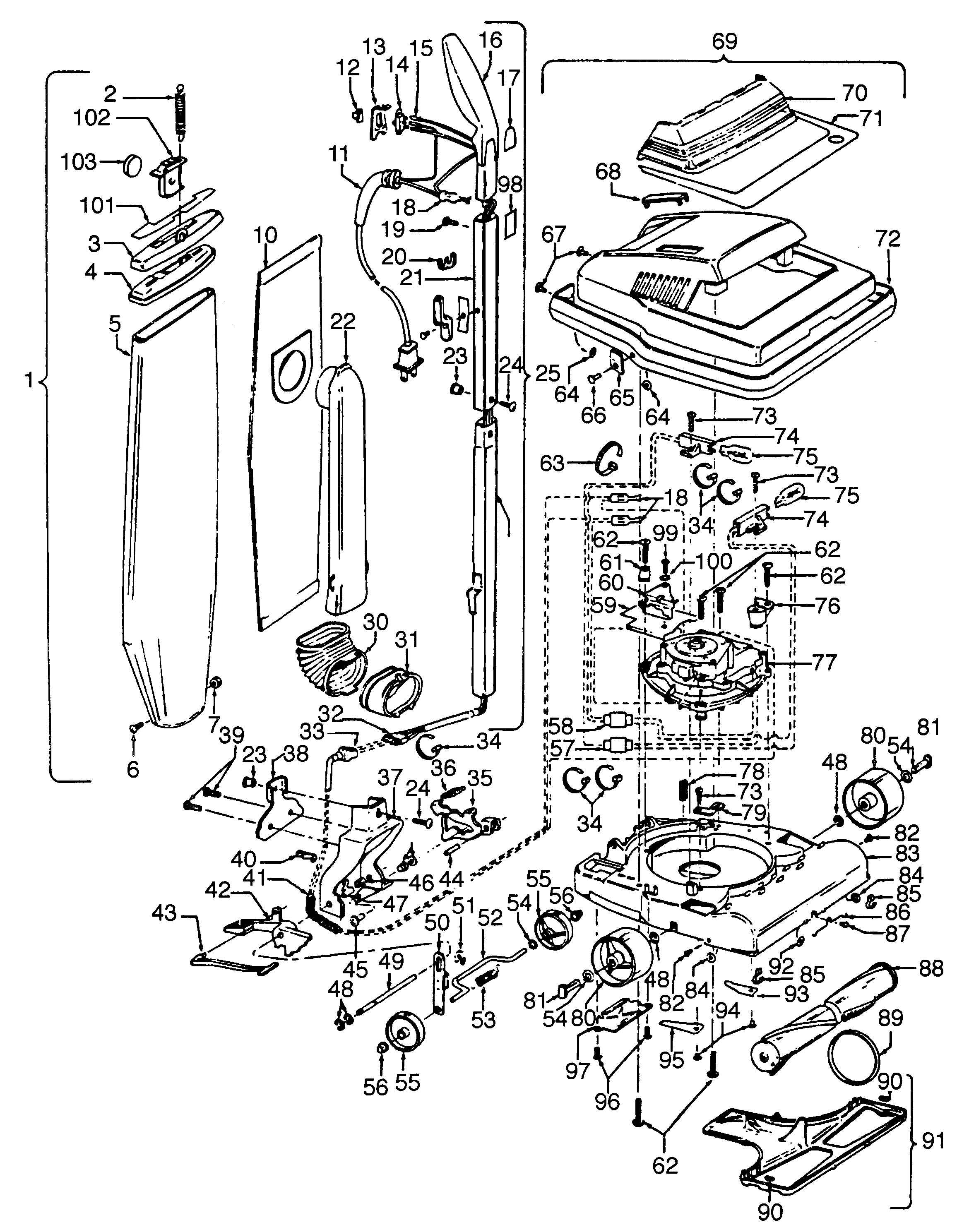 Hoover U4447--- motor, handle, mainbody, outerbag, hood diagram
