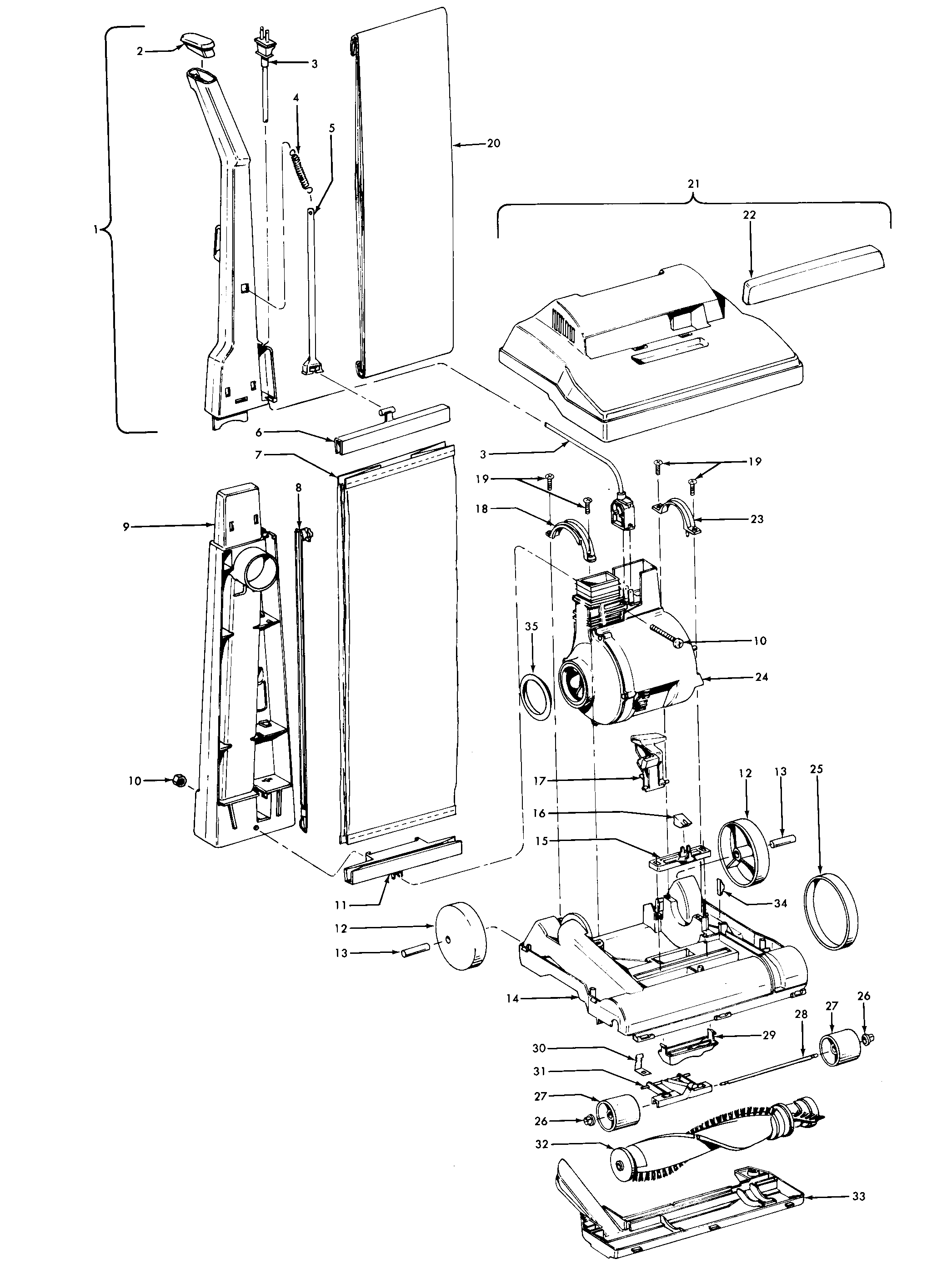 Hoover U4457 motor, handle, mainbody, outerbag, hood diagram