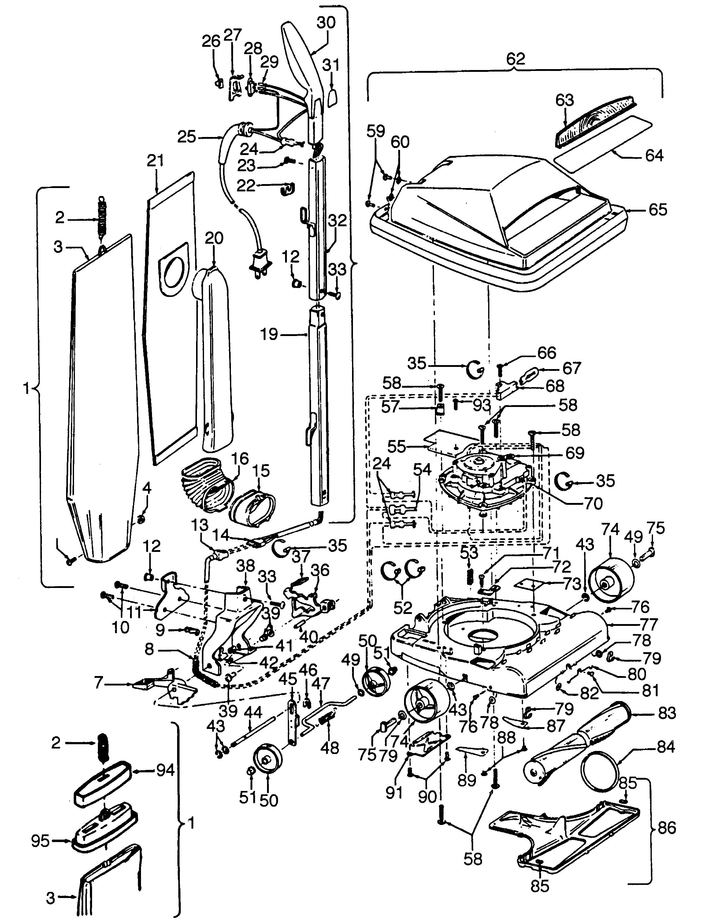 Hoover U4497-9 handle, mainbody, outerbag, hood diagram