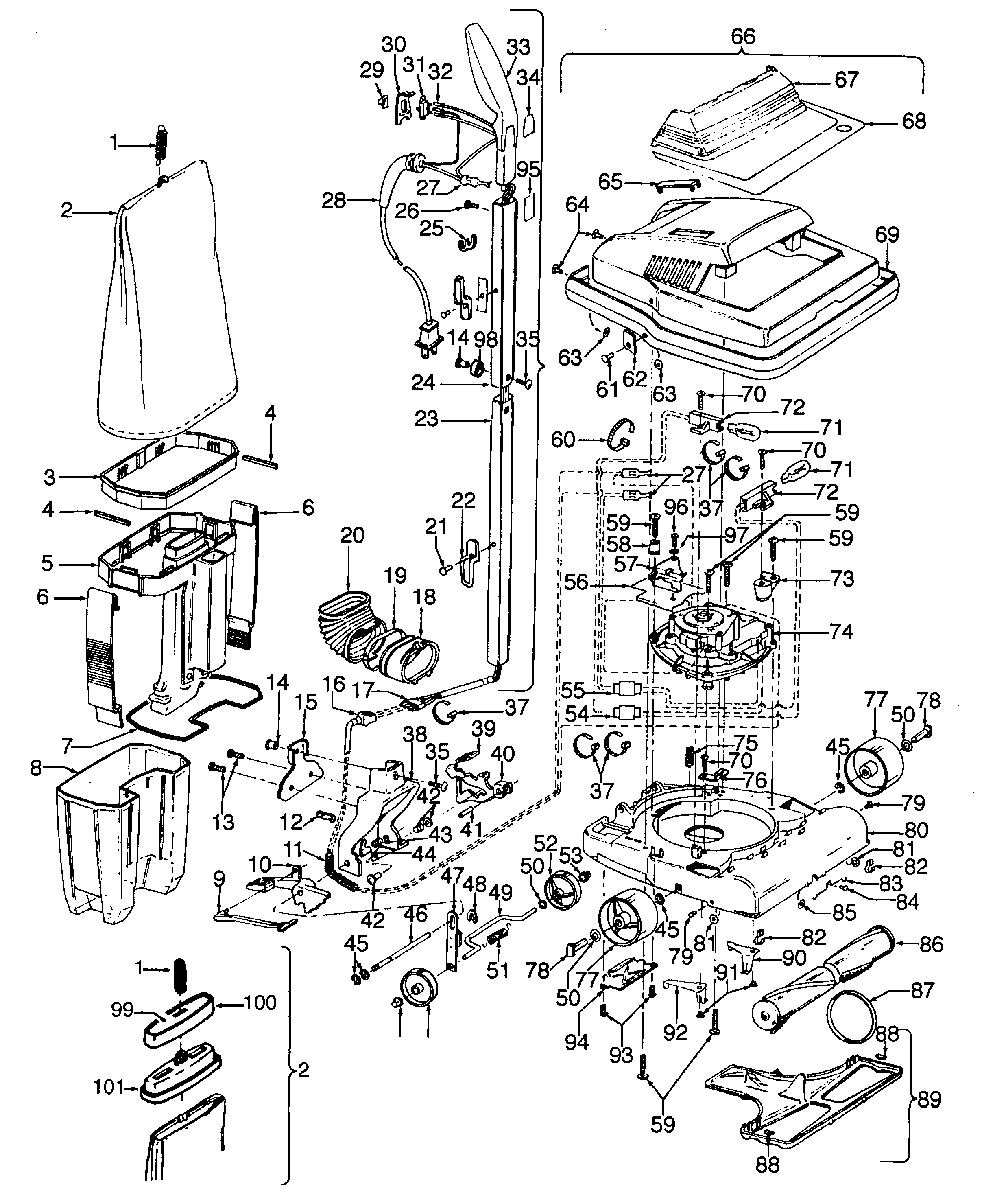 Hoover U4505--- handle, mainbody, dirtcup, outerbag diagram