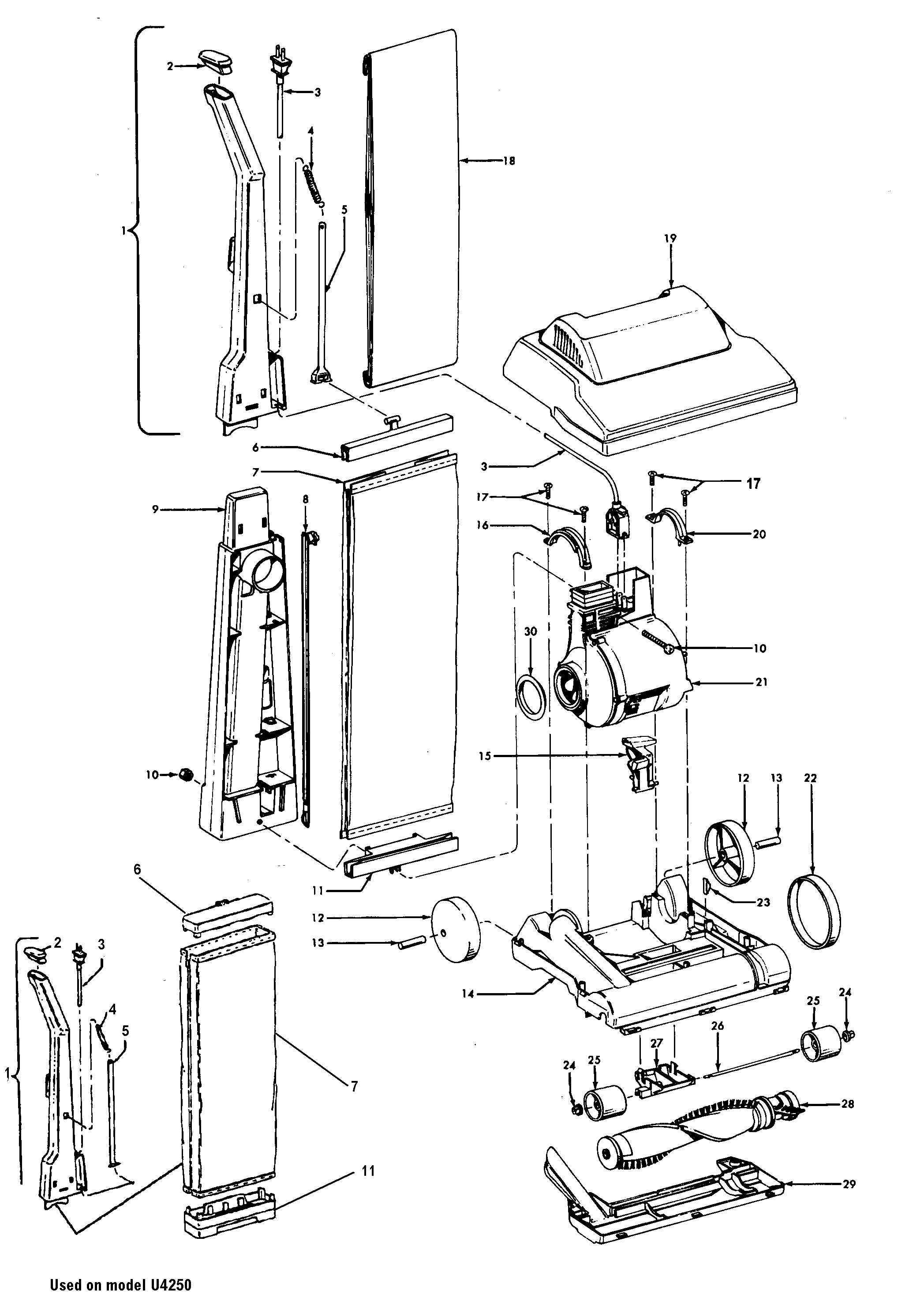 Hoover U4521930 motor, handle, mainbody, outerbag, hood diagram