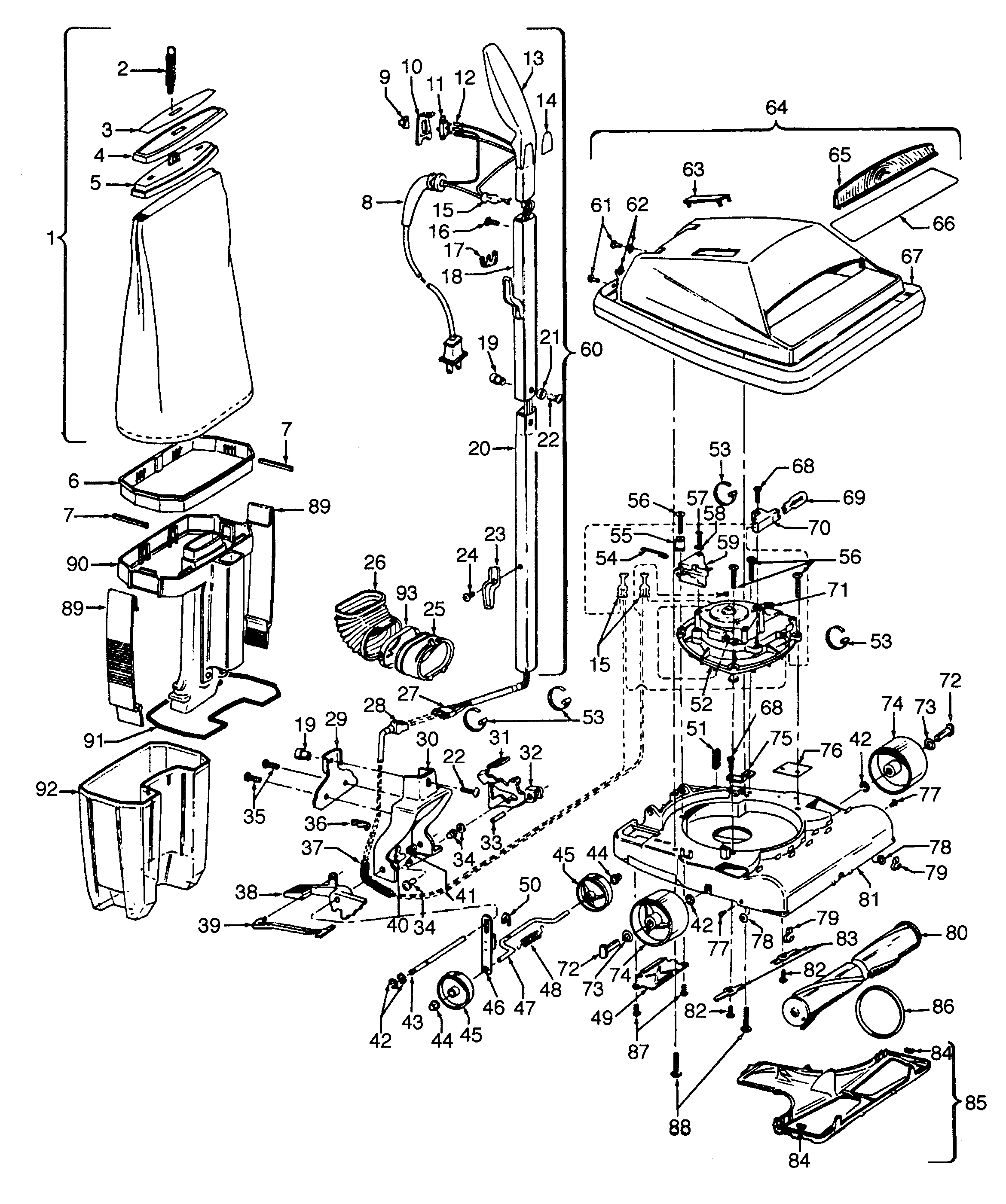 Hoover U4525--- handle, mainbody, dirtcup, outerbag diagram