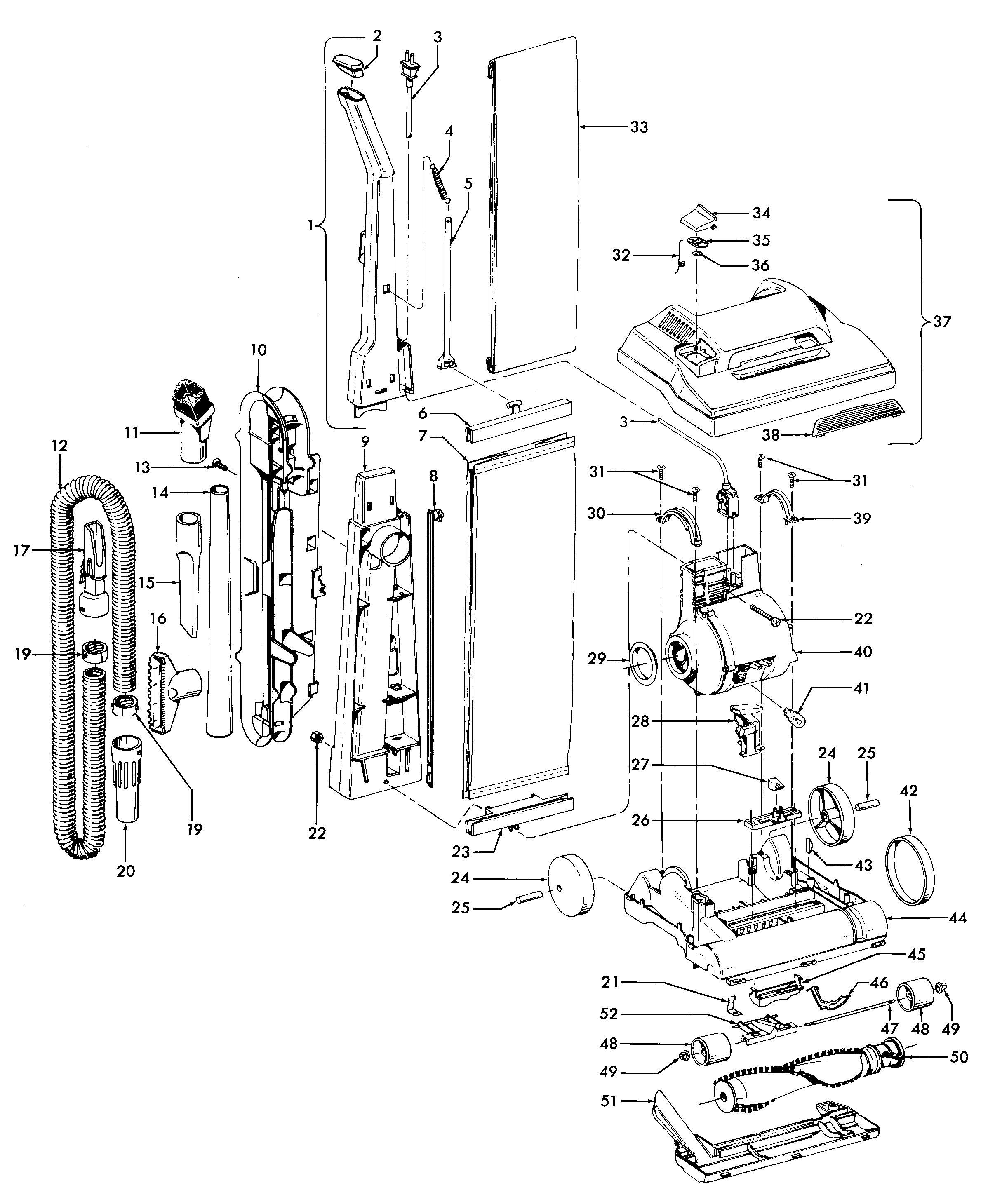 Hoover U4641910 agitator, motor, handle, mainbody diagram