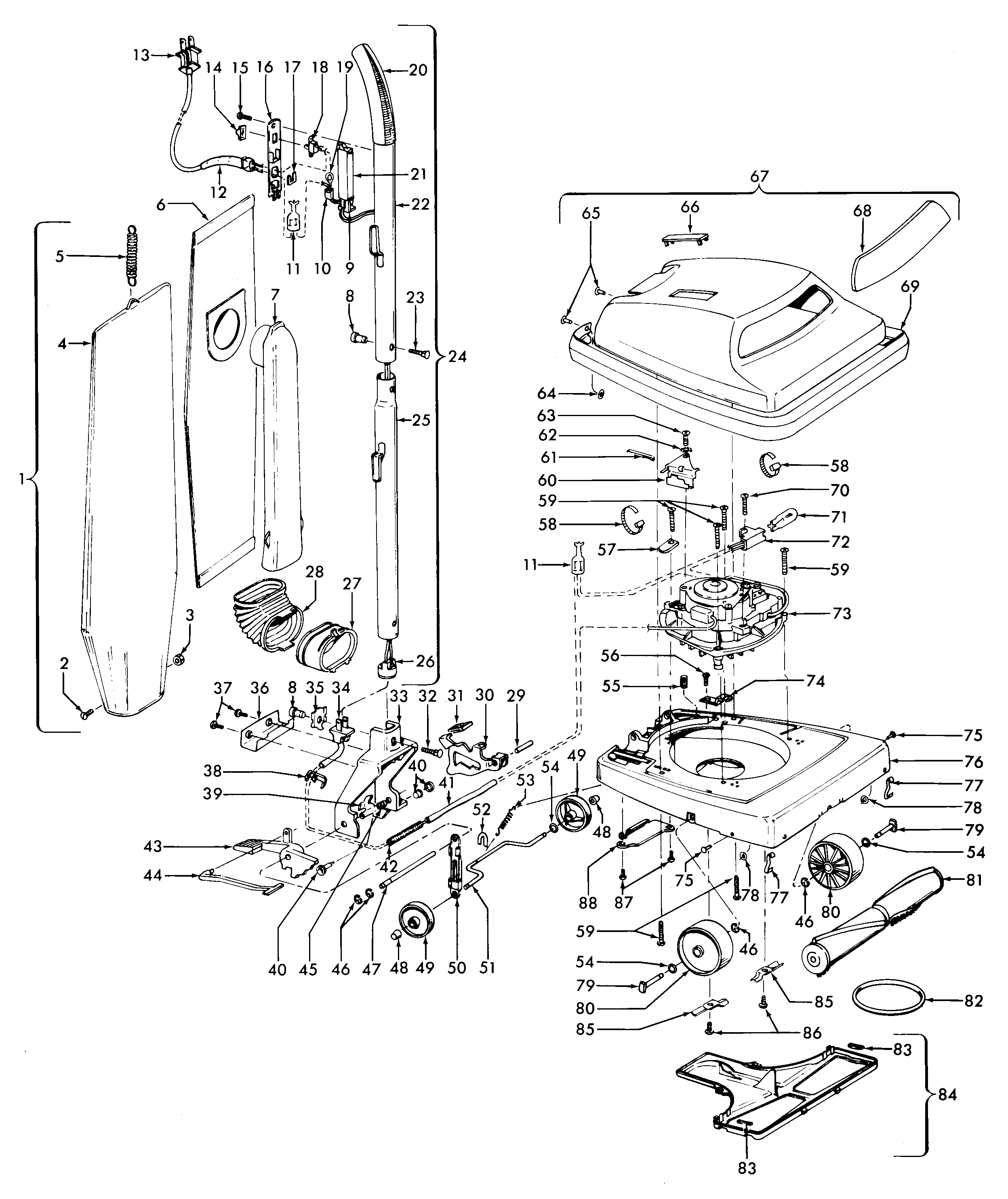 Hoover U4719900 agitator, handle, mainbody, outerbag diagram