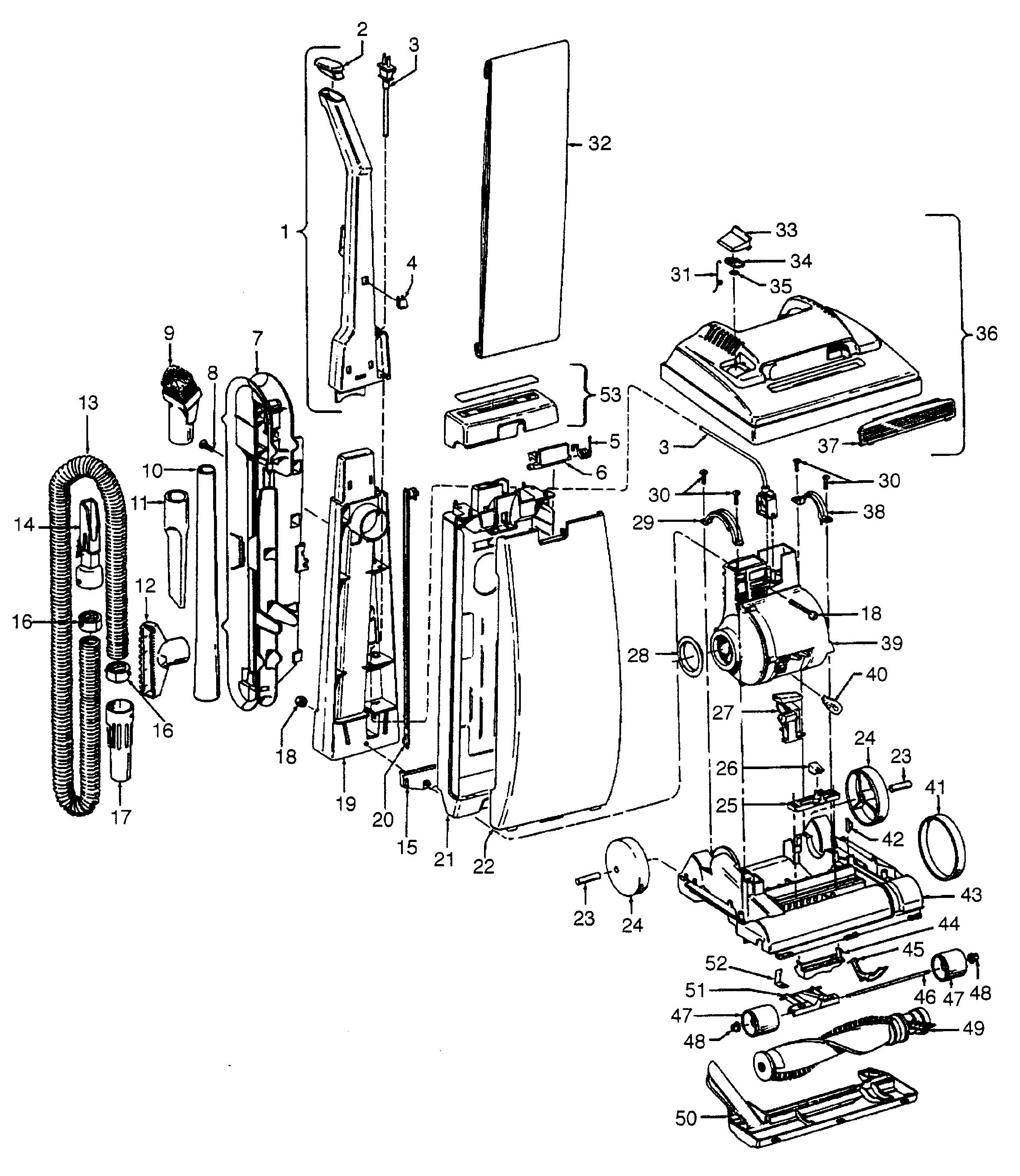 Hoover U5077930 mainbody, handle, outerbag diagram