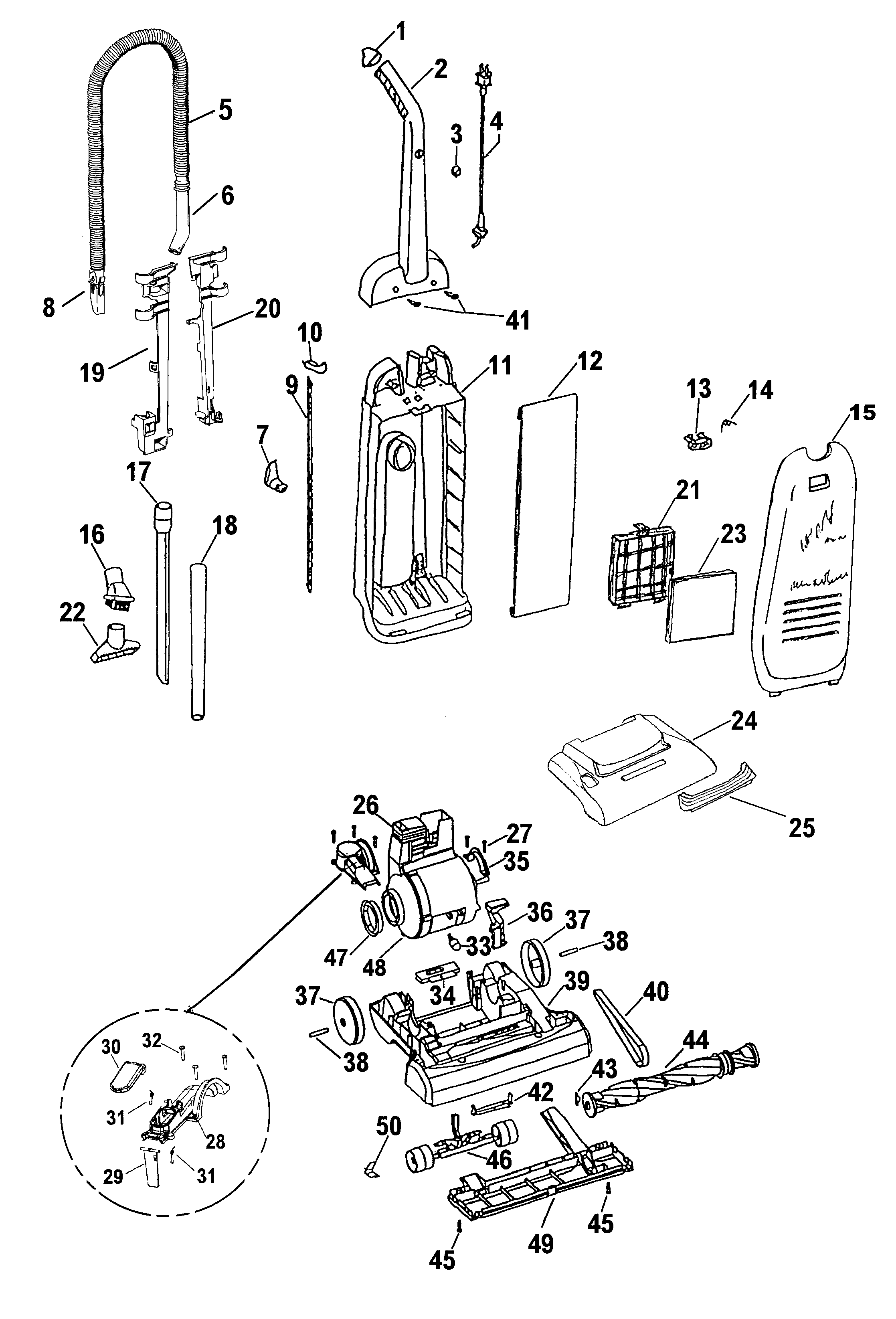 Hoover U5106900 motor, handle, mainbody, hood diagram