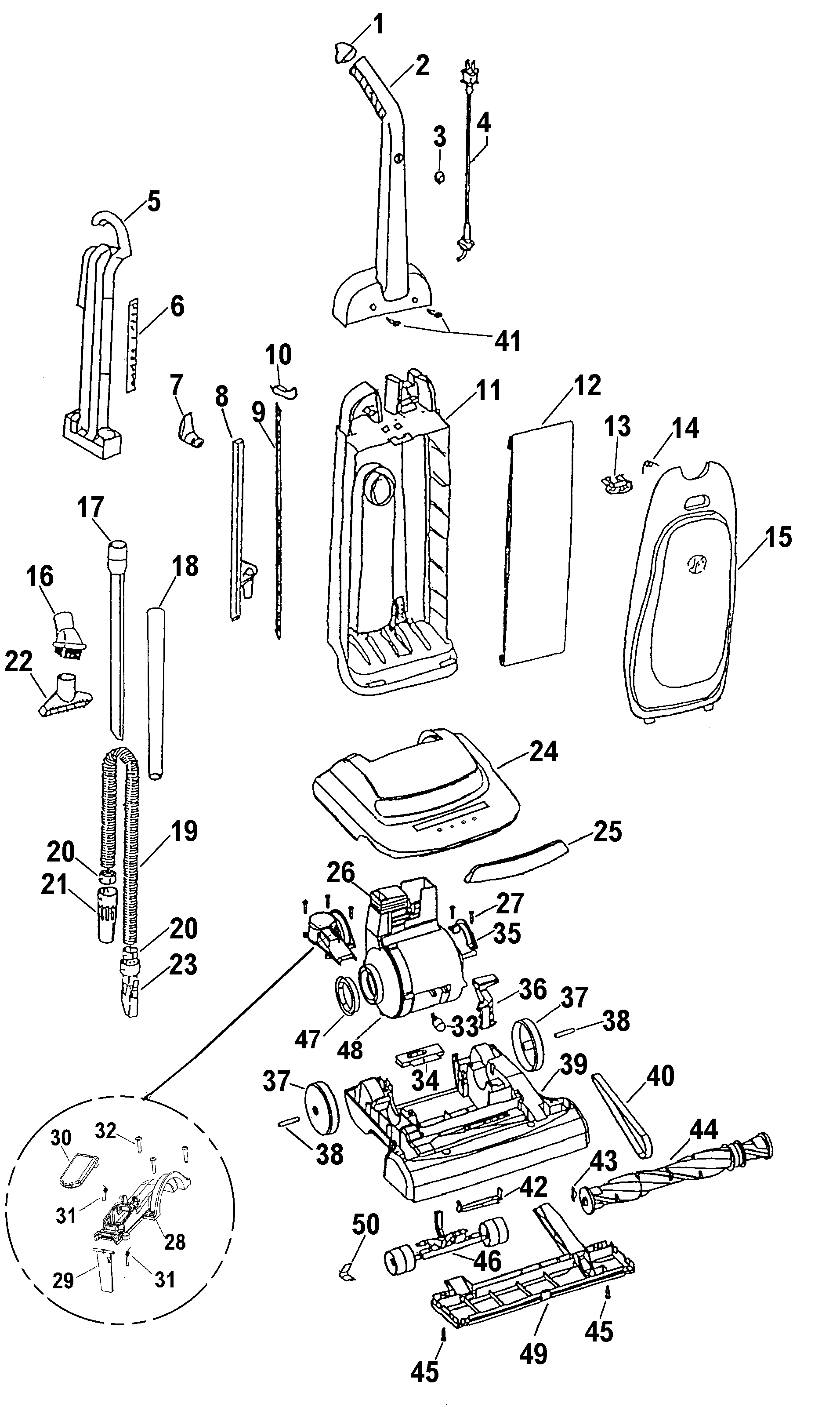 Hoover U5160950 mainbody, handle, outerbag diagram