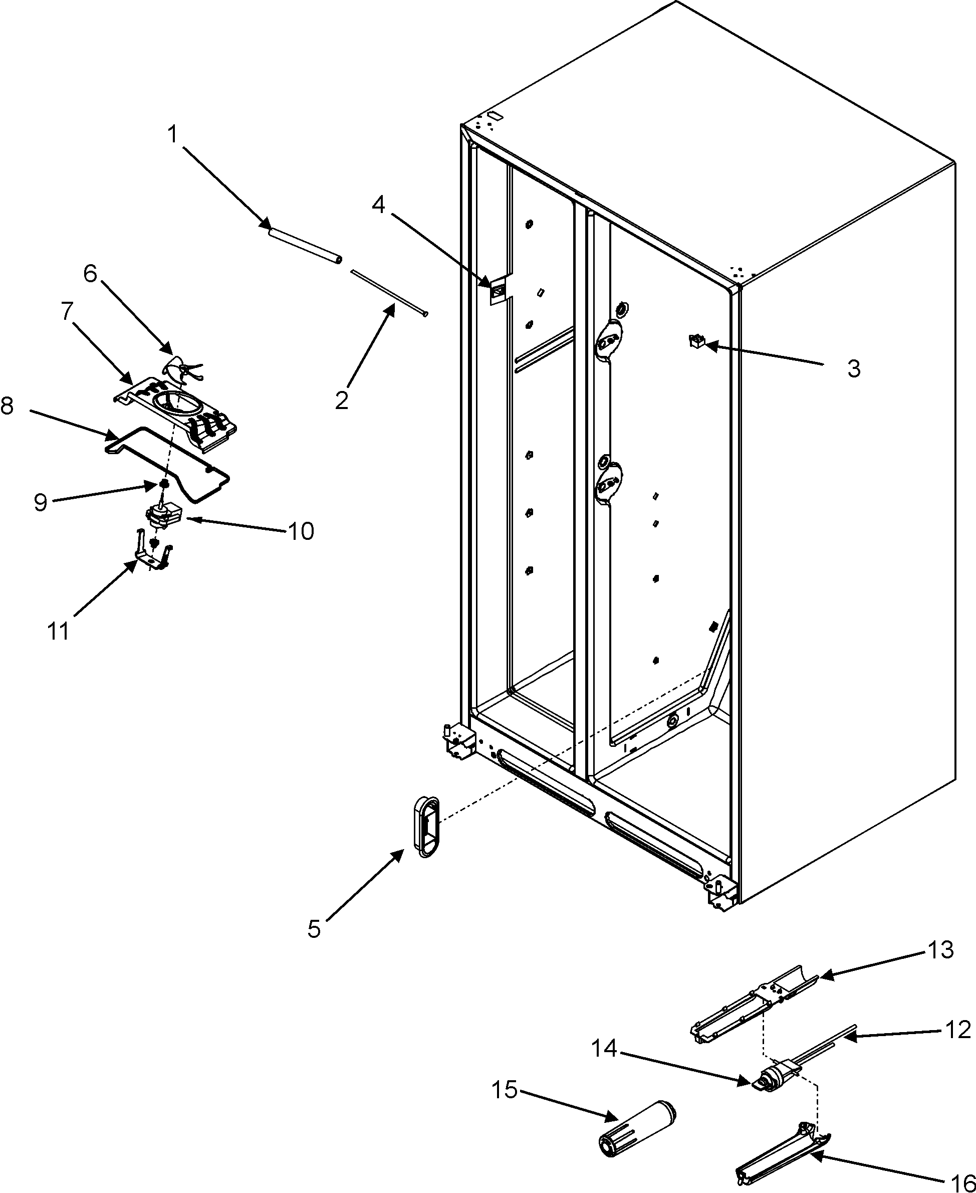 Admiral LSD2615HEW evap fan assy./crisp light/waterfilter diagram