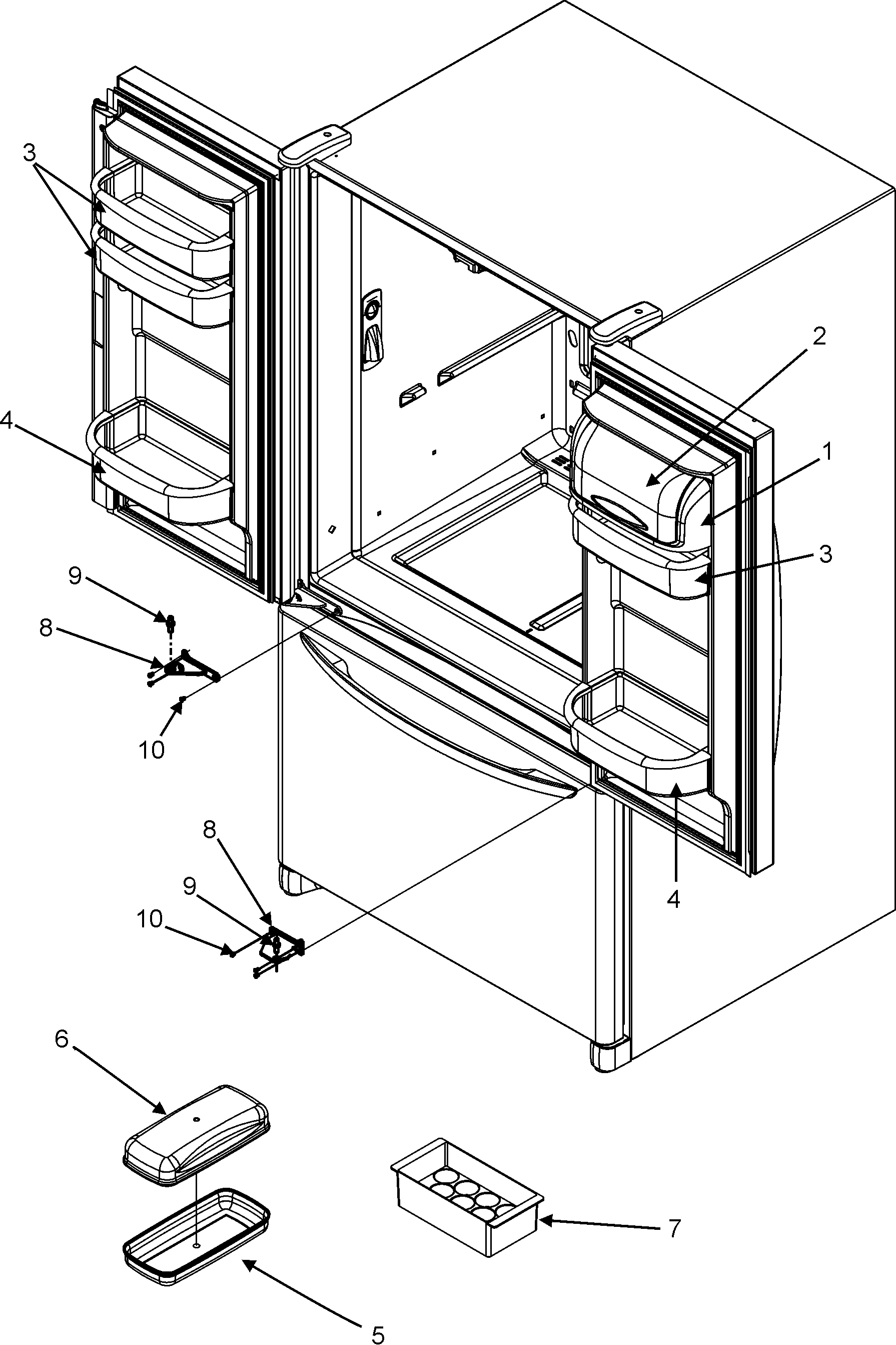 Jenn-Air JFC2087HRS ref dr storage & center hinges diagram