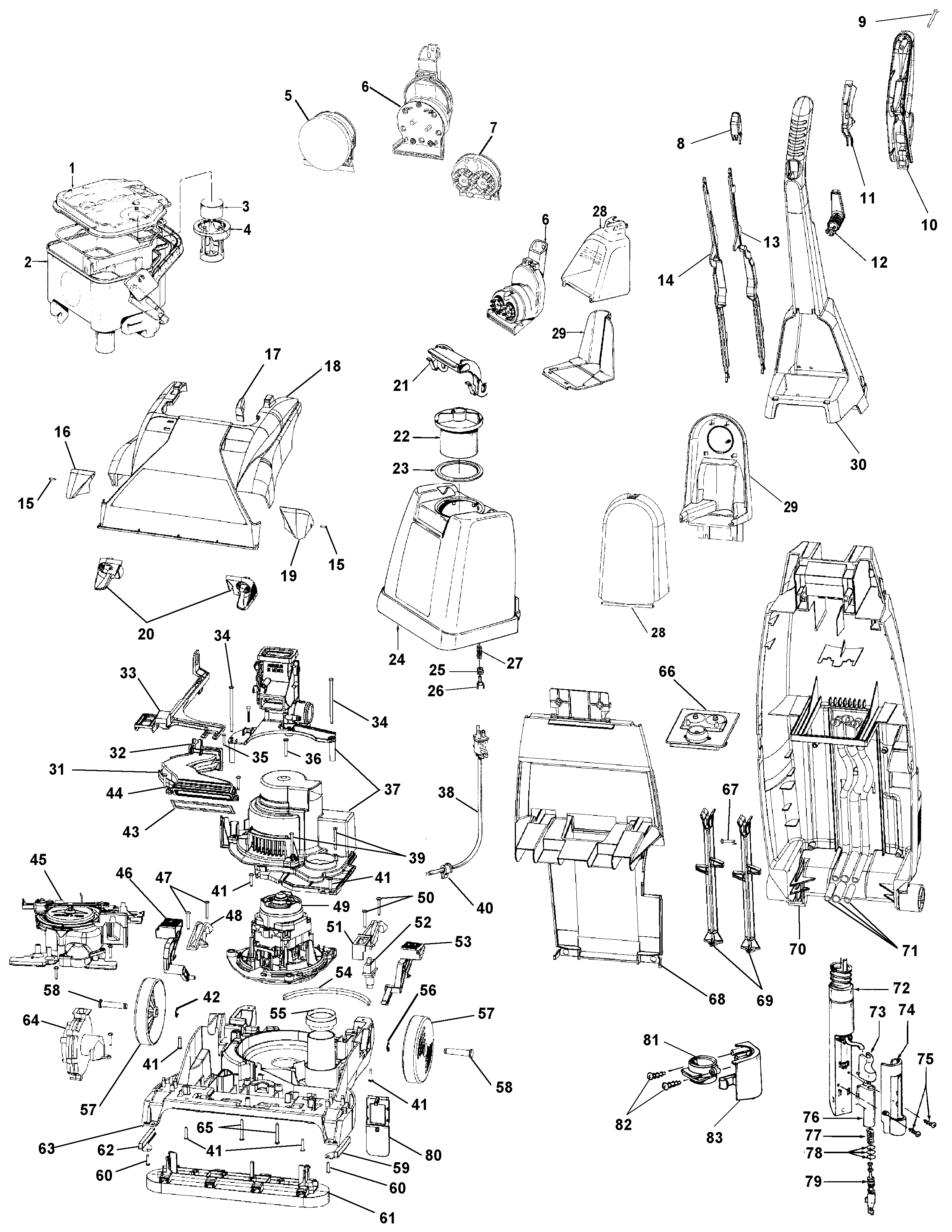 Hoover F6040960 motor, hose, cleaningtools, handle, tank diagram