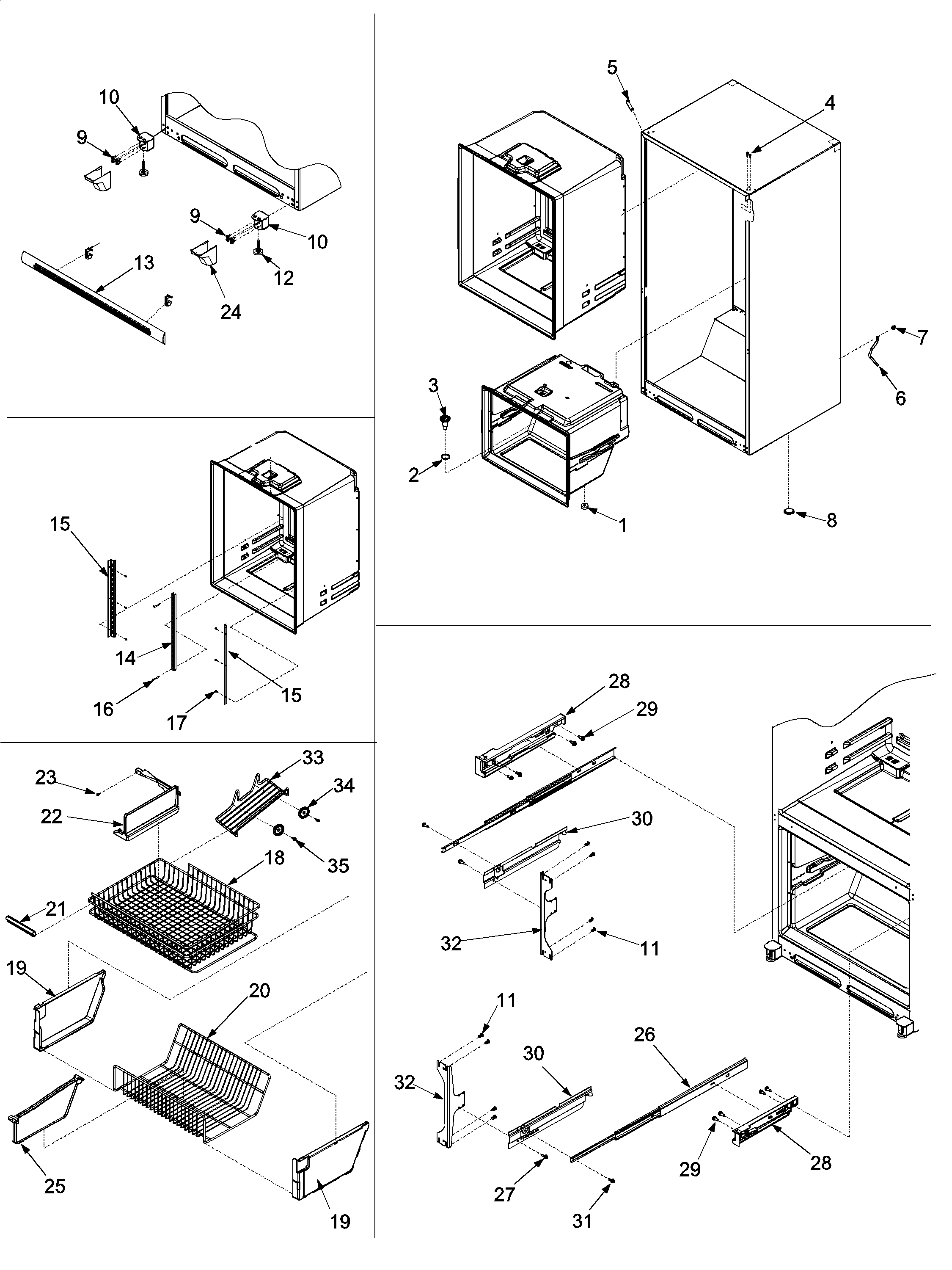 Amana XRBS017BB interior cabinet & freezer shelving diagram