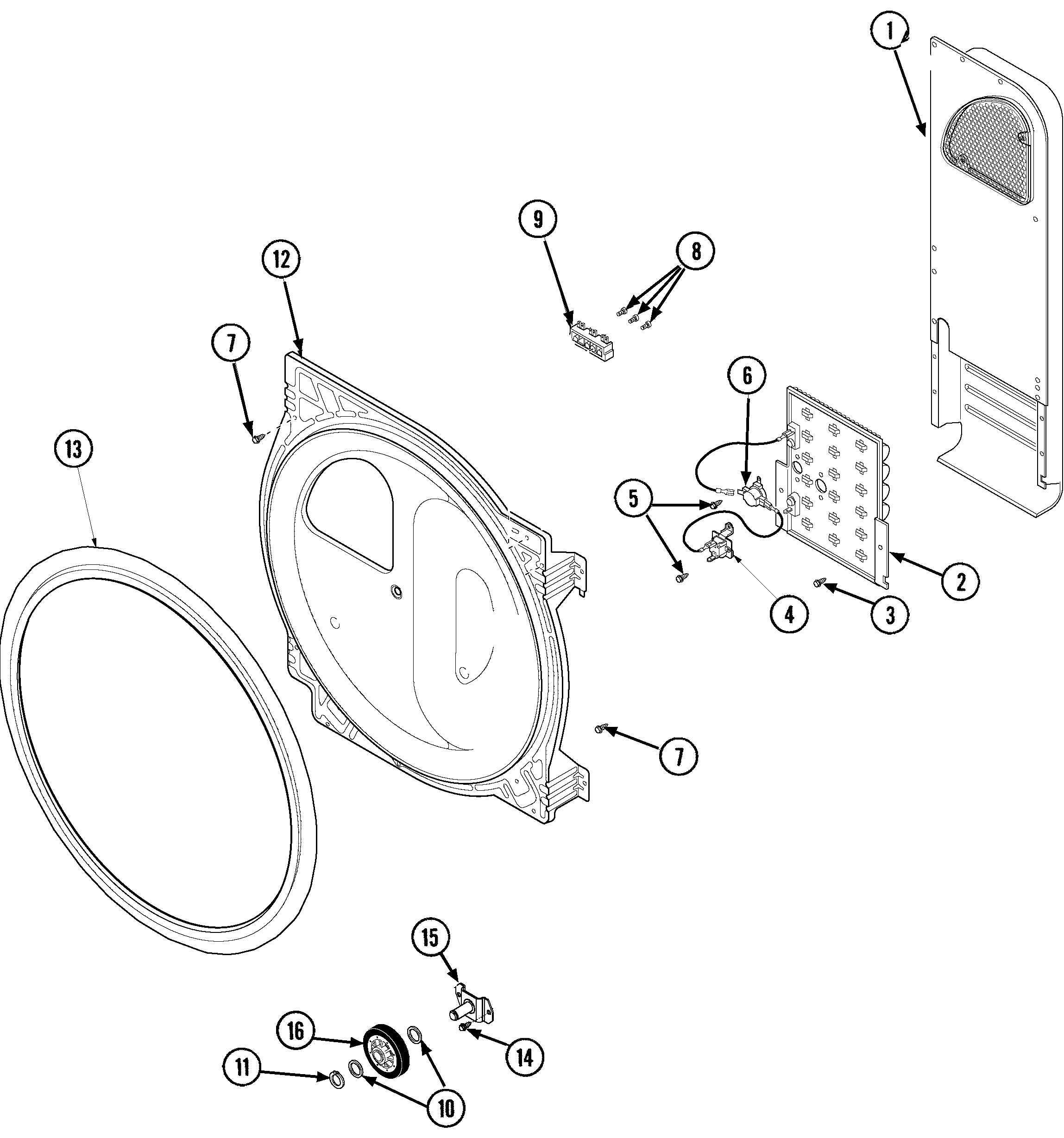 Maytag SDE5401AYW rear blkhd, air duct, roller&htr (ele) diagram