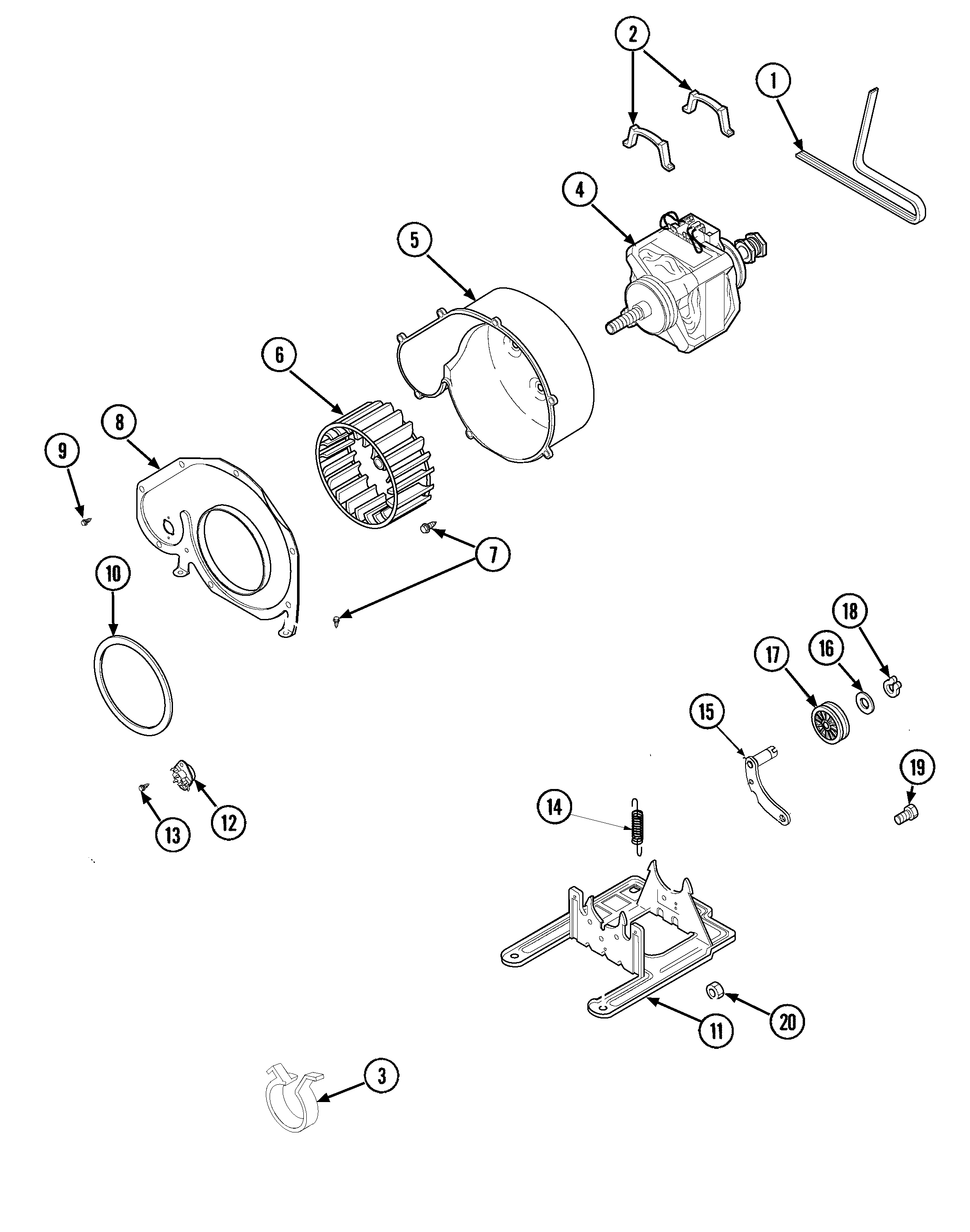 Maytag SDE5701AYQ motor, fan & belt diagram