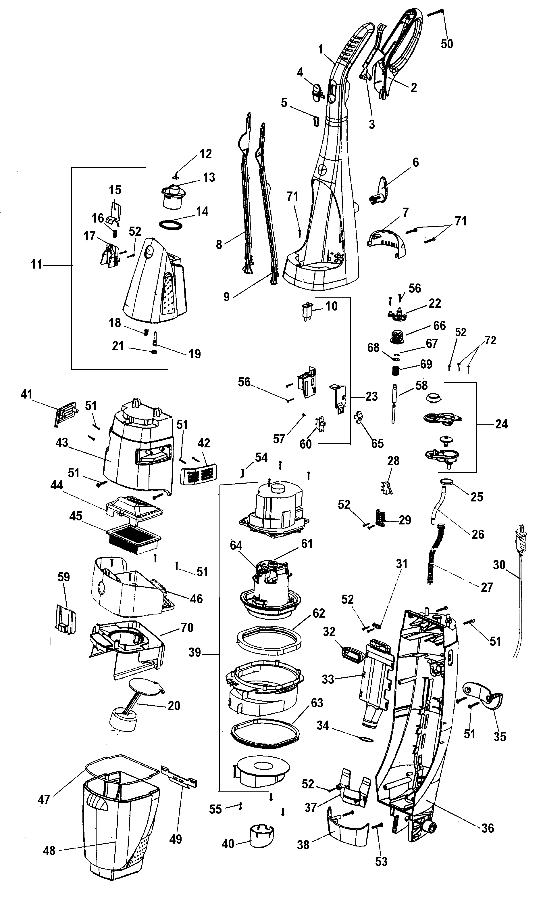 Hoover H3012-020 motor, mainhsg_upper, handle, tank diagram