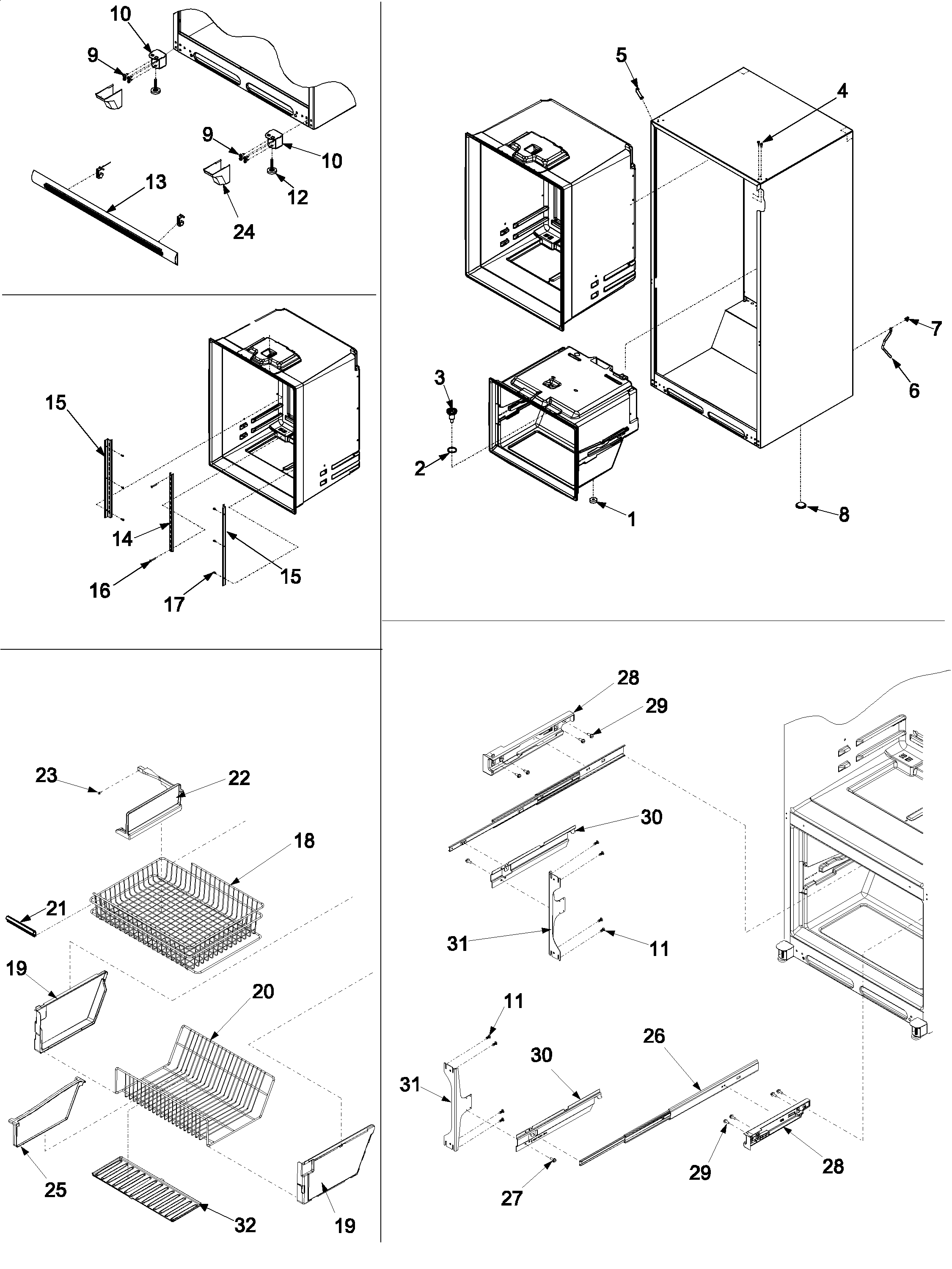 Jenn-Air JCB2058GEW-PJCB205 interior cabinet & freezer shelving diagram