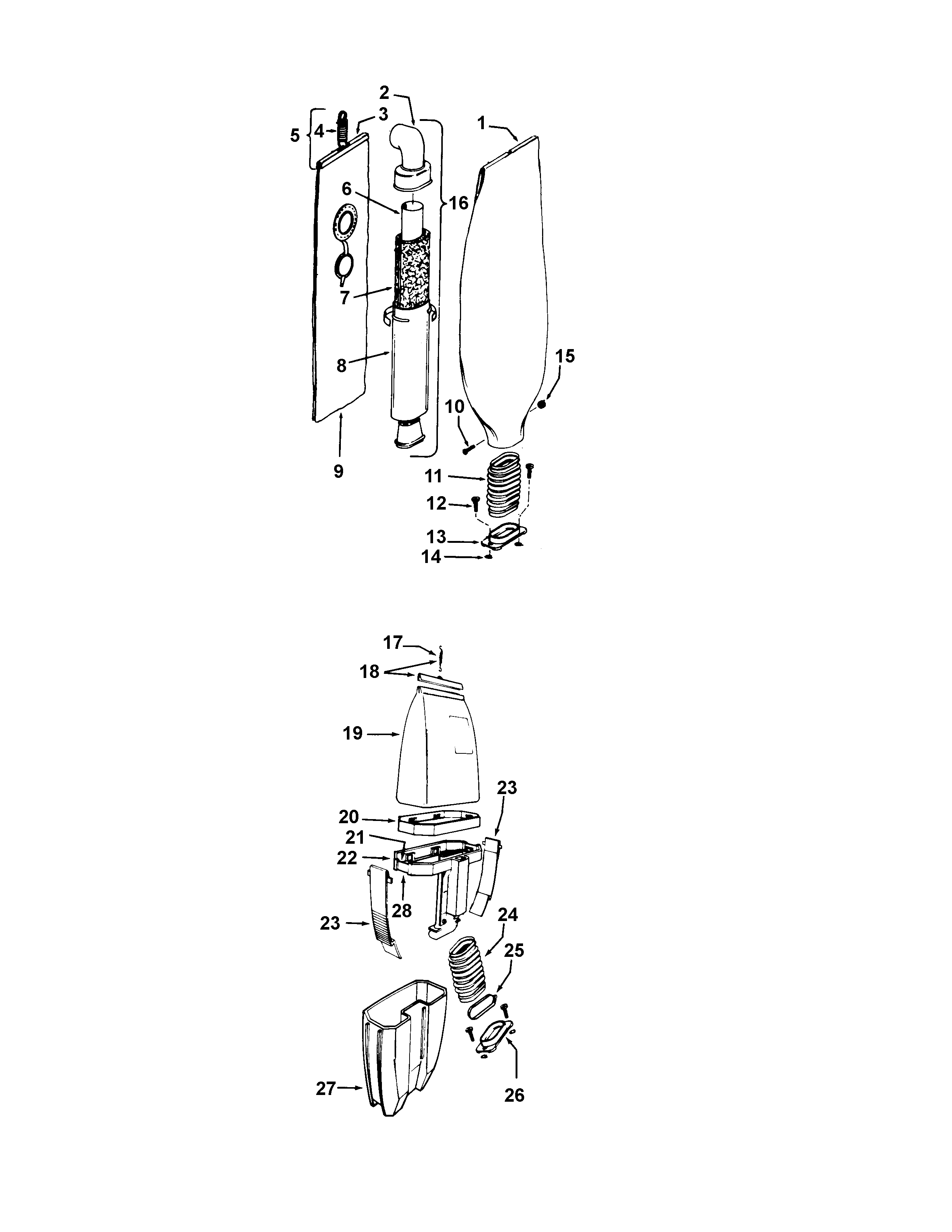 Hoover C1815 dirtcup, bagassembly, outerbag diagram