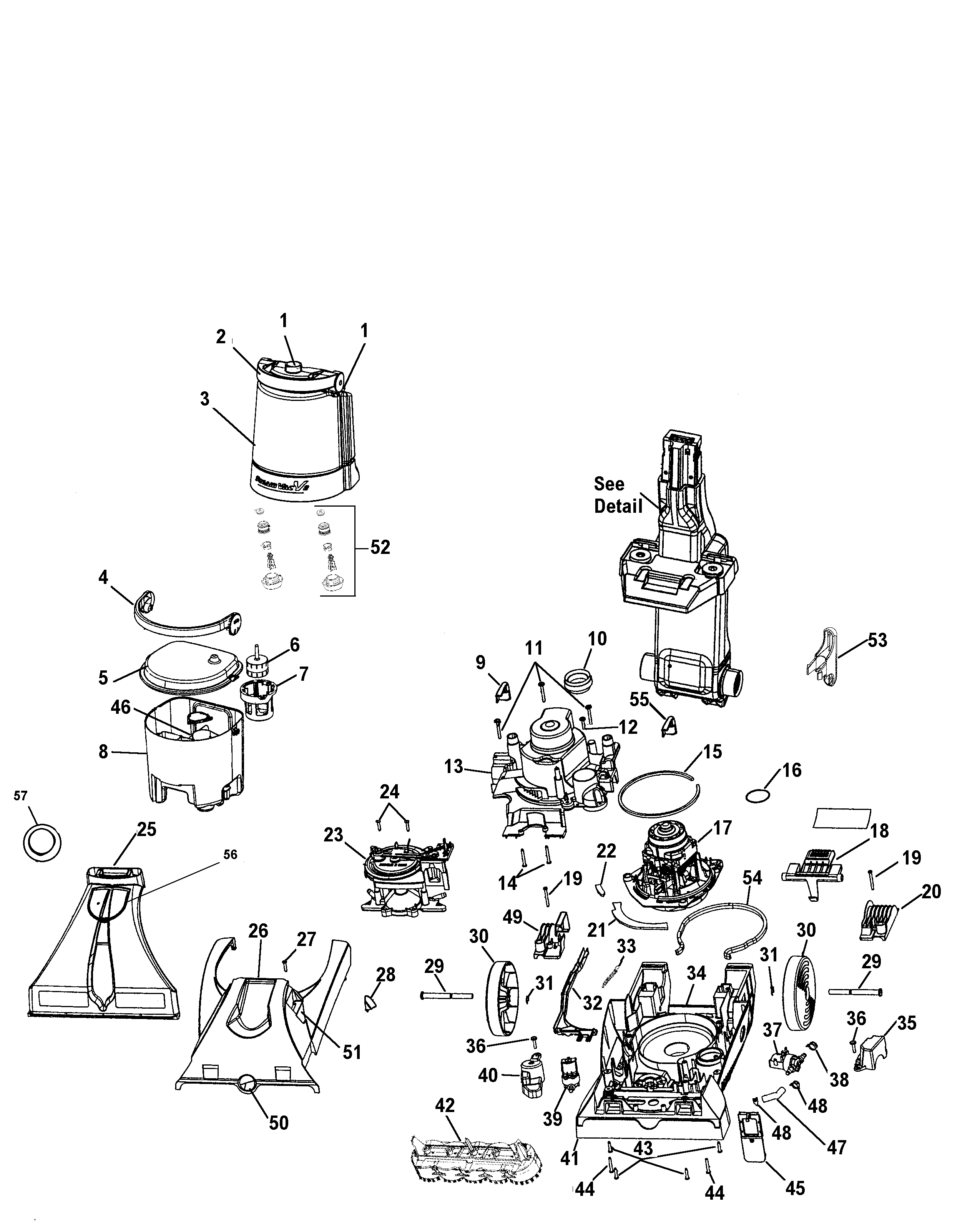 Hoover F7205-960 motor, hose, mainbody, tank, hood diagram