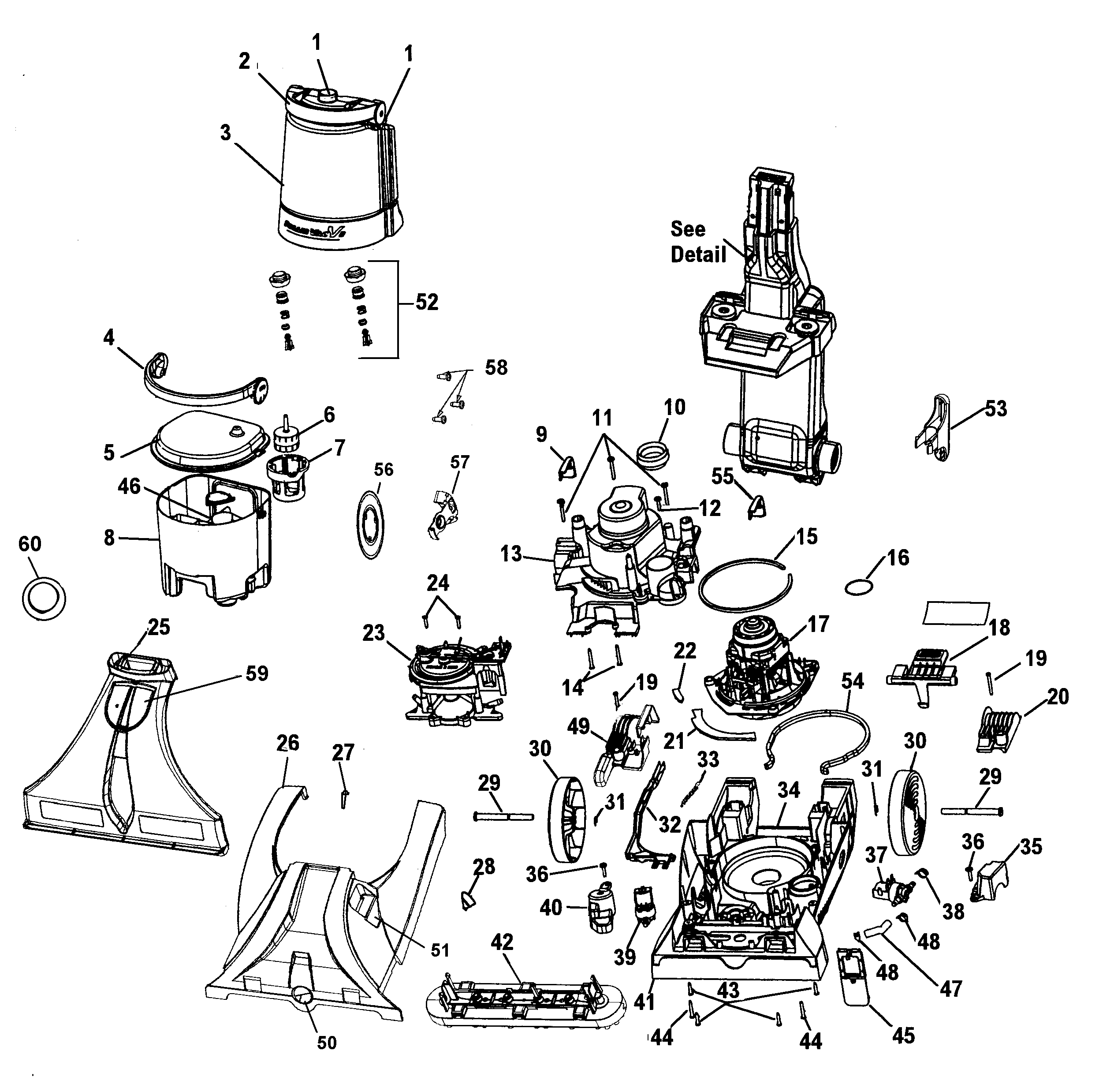 Hoover F7426-900 motor, mainbody, tank, hood diagram
