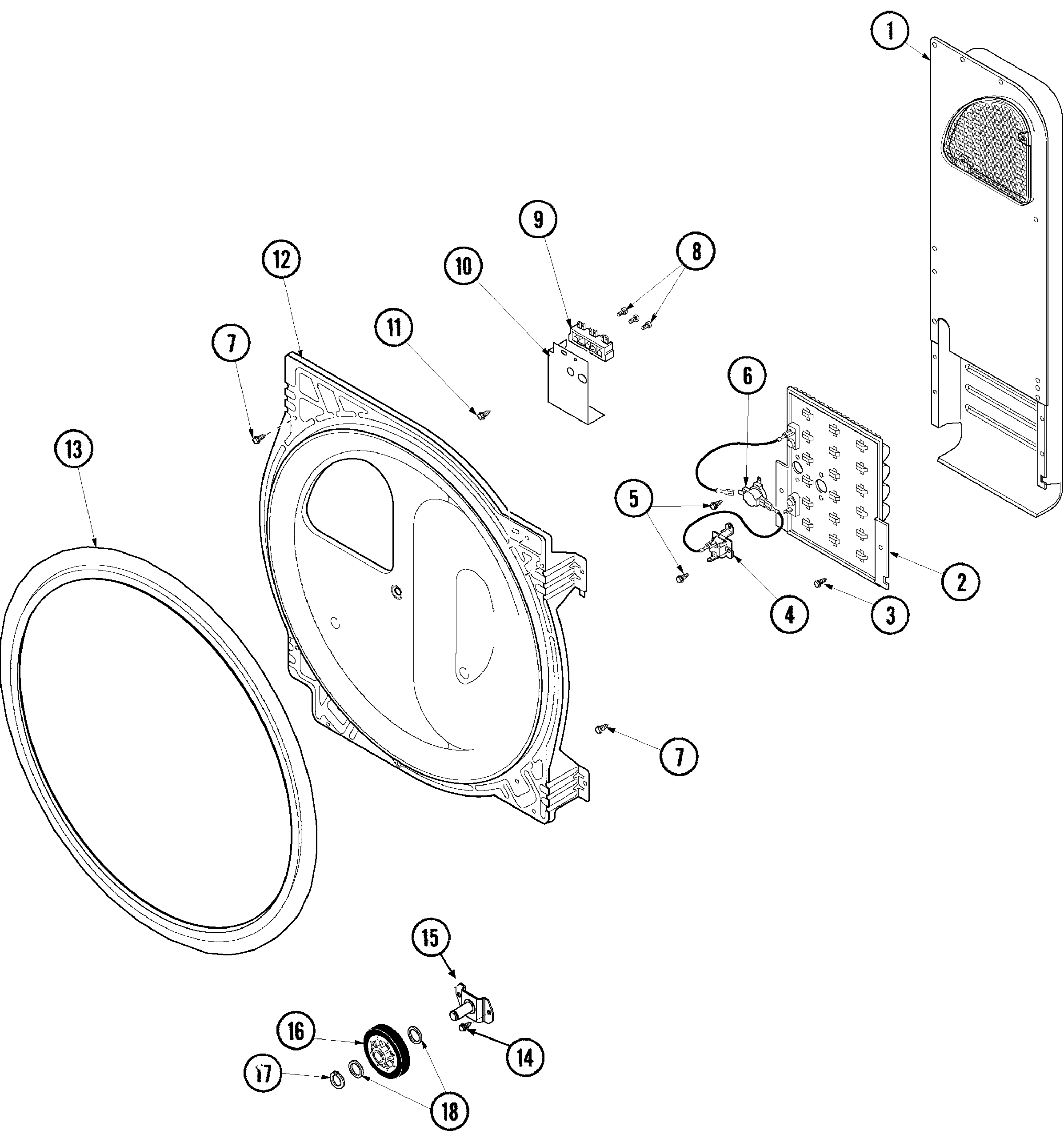 Maytag SDE4000AZW rear bulkhead, air duct, heater & roller diagram