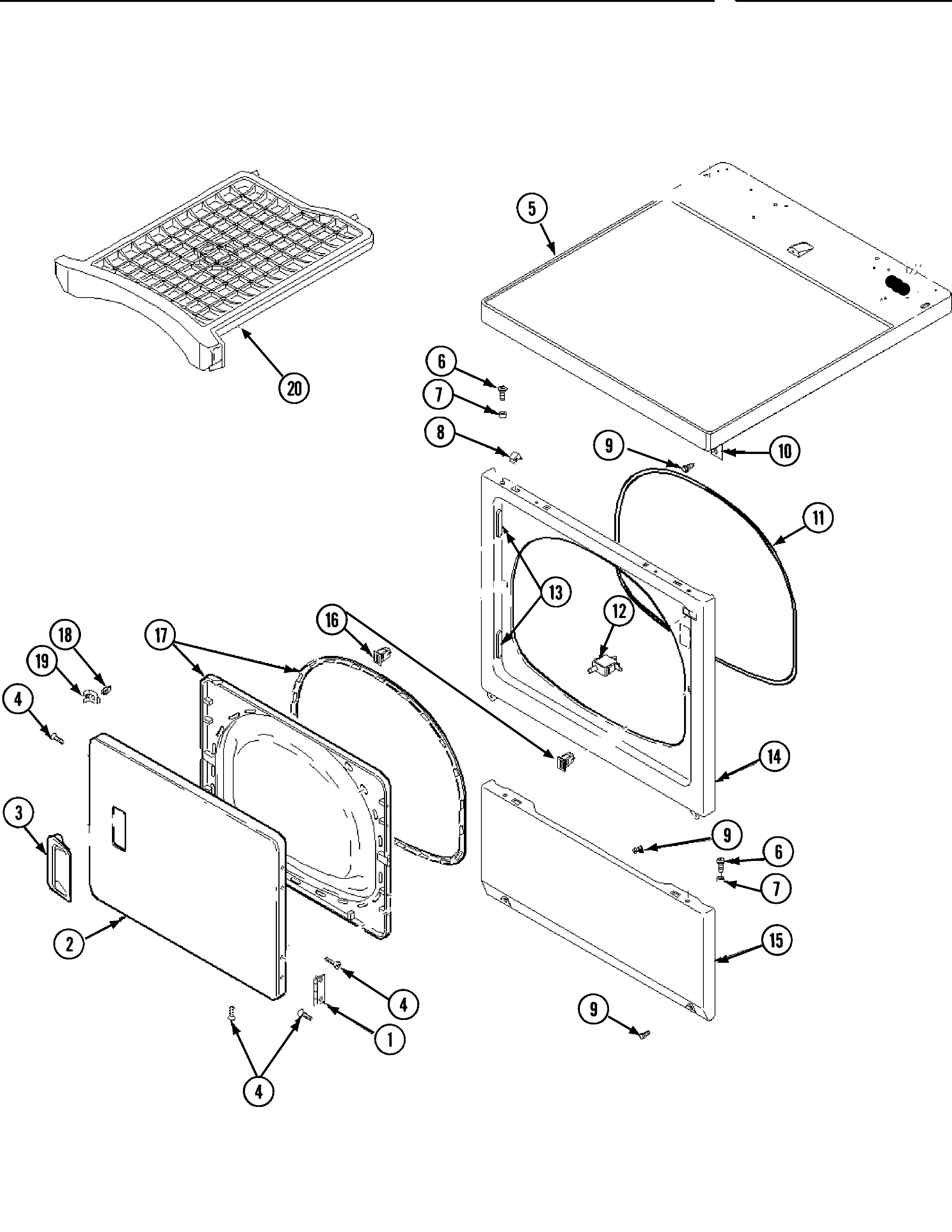 Amana NDG7800AWW door, front, access & top panels diagram
