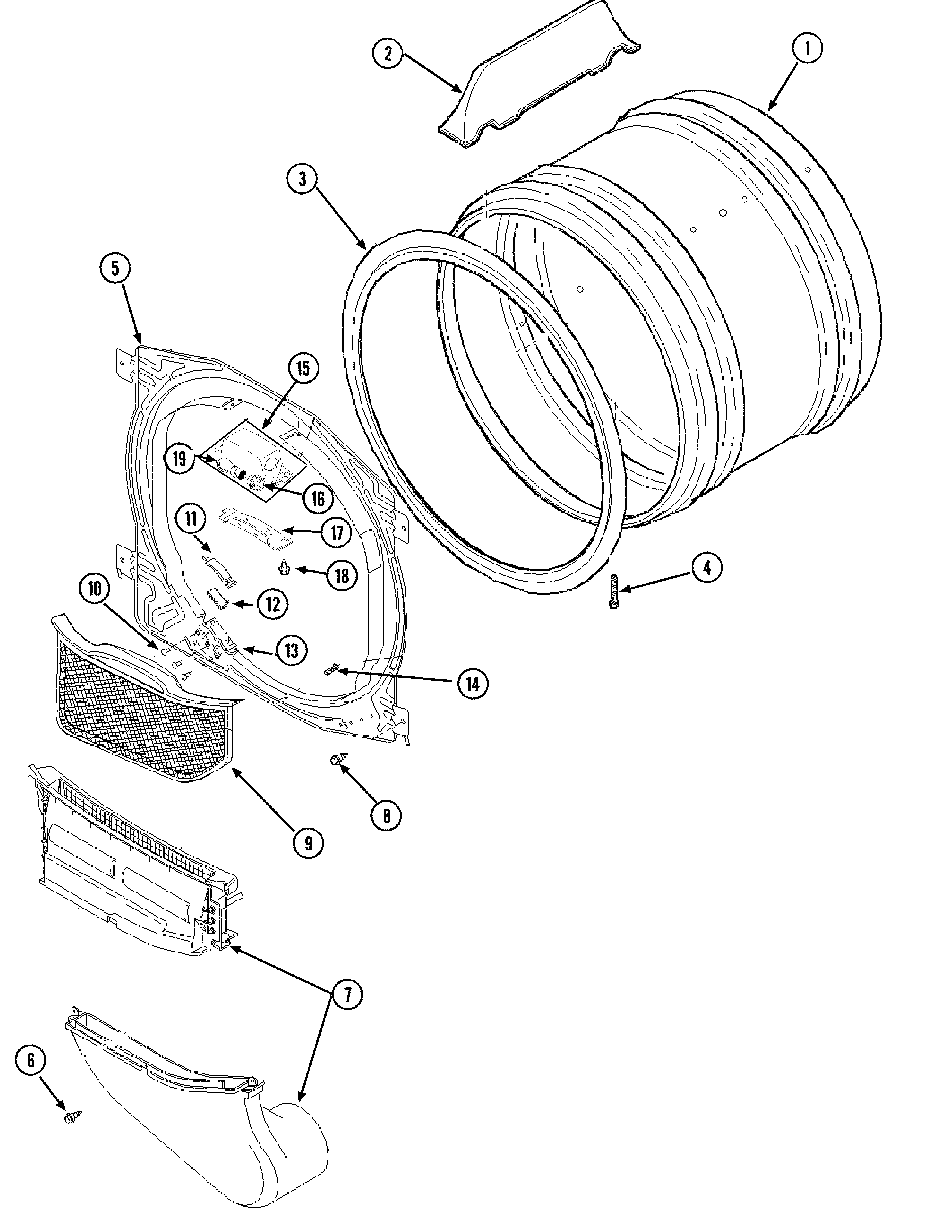 Maytag SDE305DAYW front bulkhead, air duct & cylinder diagram