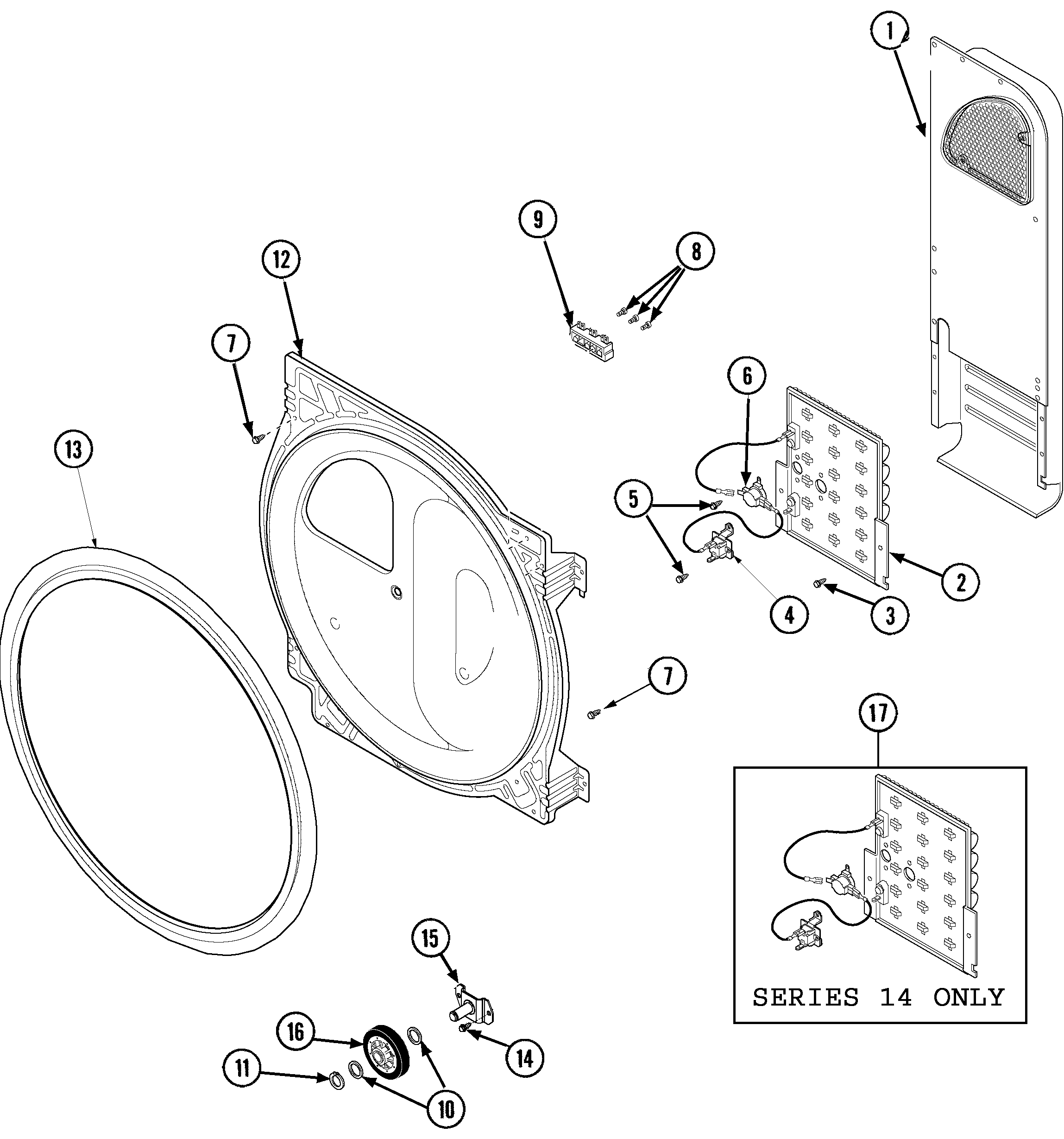 Maytag SDE305DAYW rear blkhd, air duct, roller&htr (ele) diagram