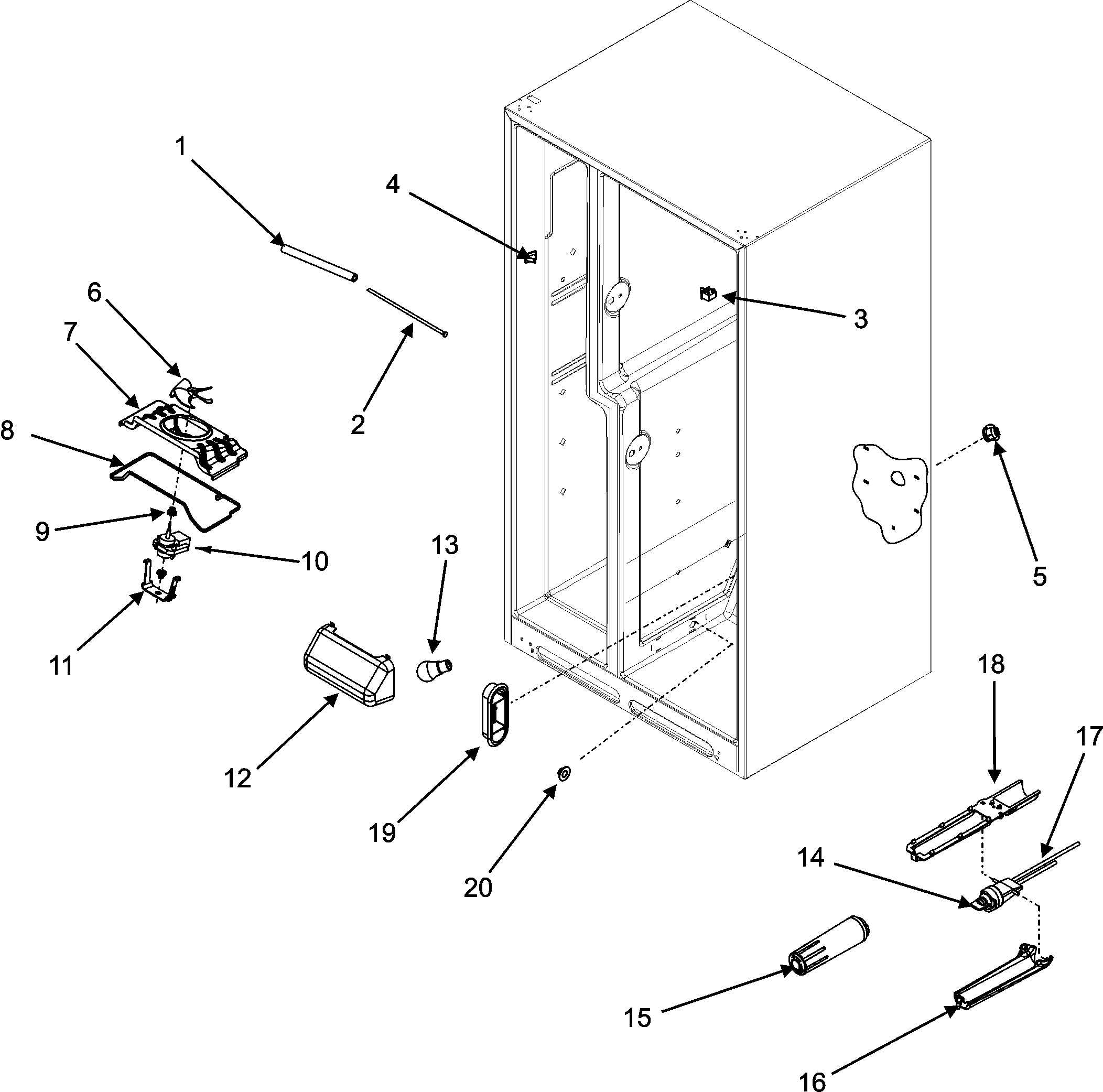 Maytag MZD2665HES evap fan assy./crisp light/waterfilter diagram