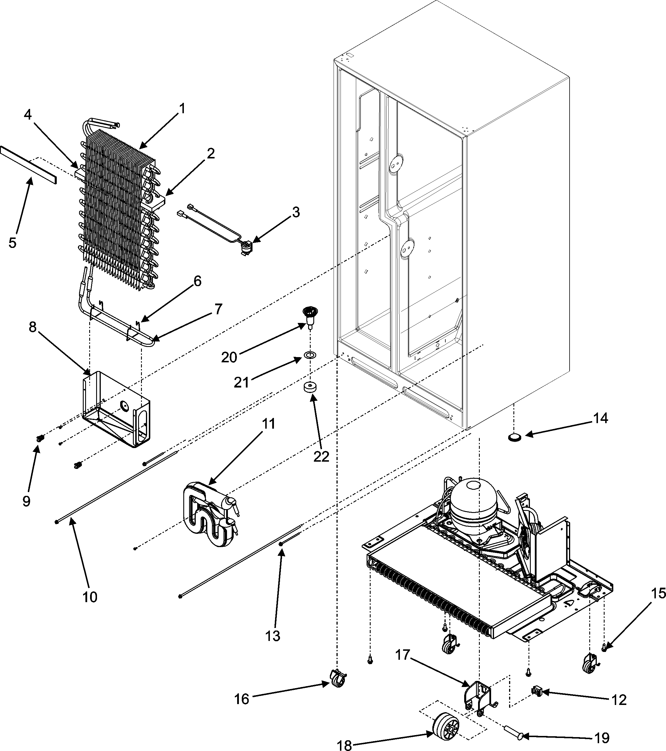 Maytag MZD2665HES evaporator assy./rollers/water tank diagram