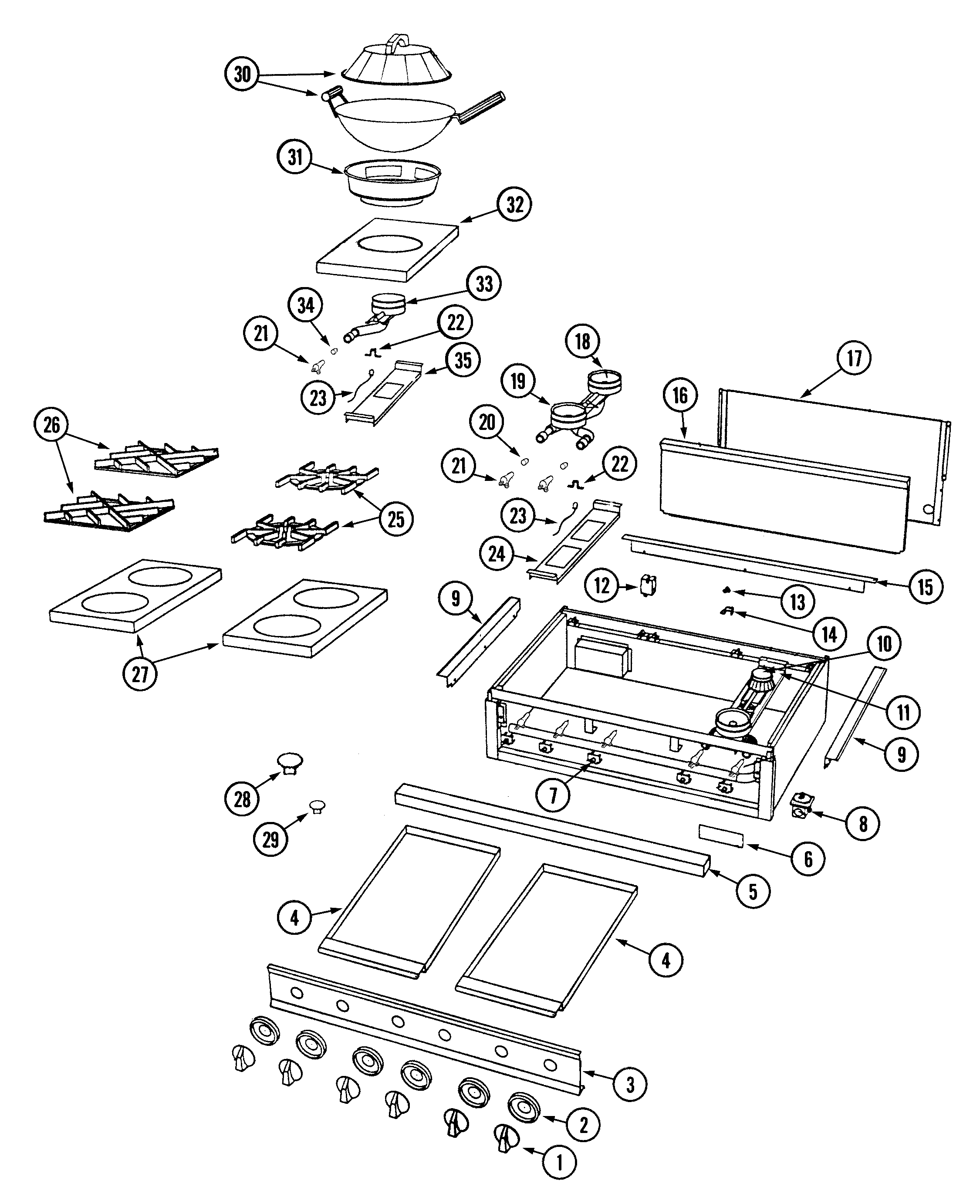 Dynasty DCT365WOK top assembly/gas controls diagram