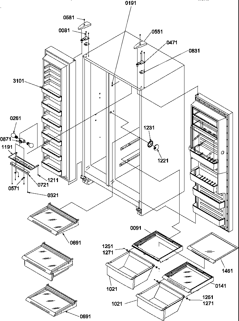 Amana SS25TW-P1194003WW refrig/fz shelves/lights/lights/& hinges diagram