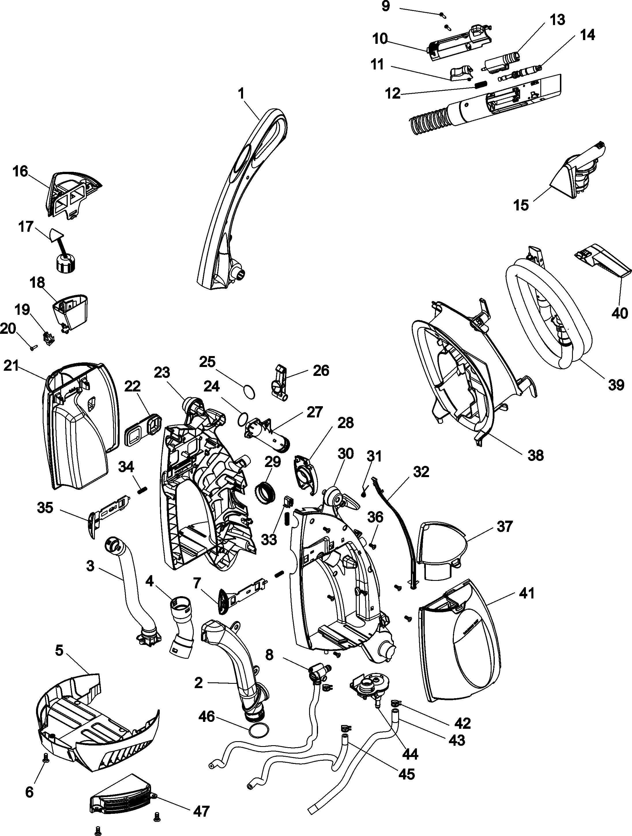 Hoover F6212-906 upper w/tank and handle diagram