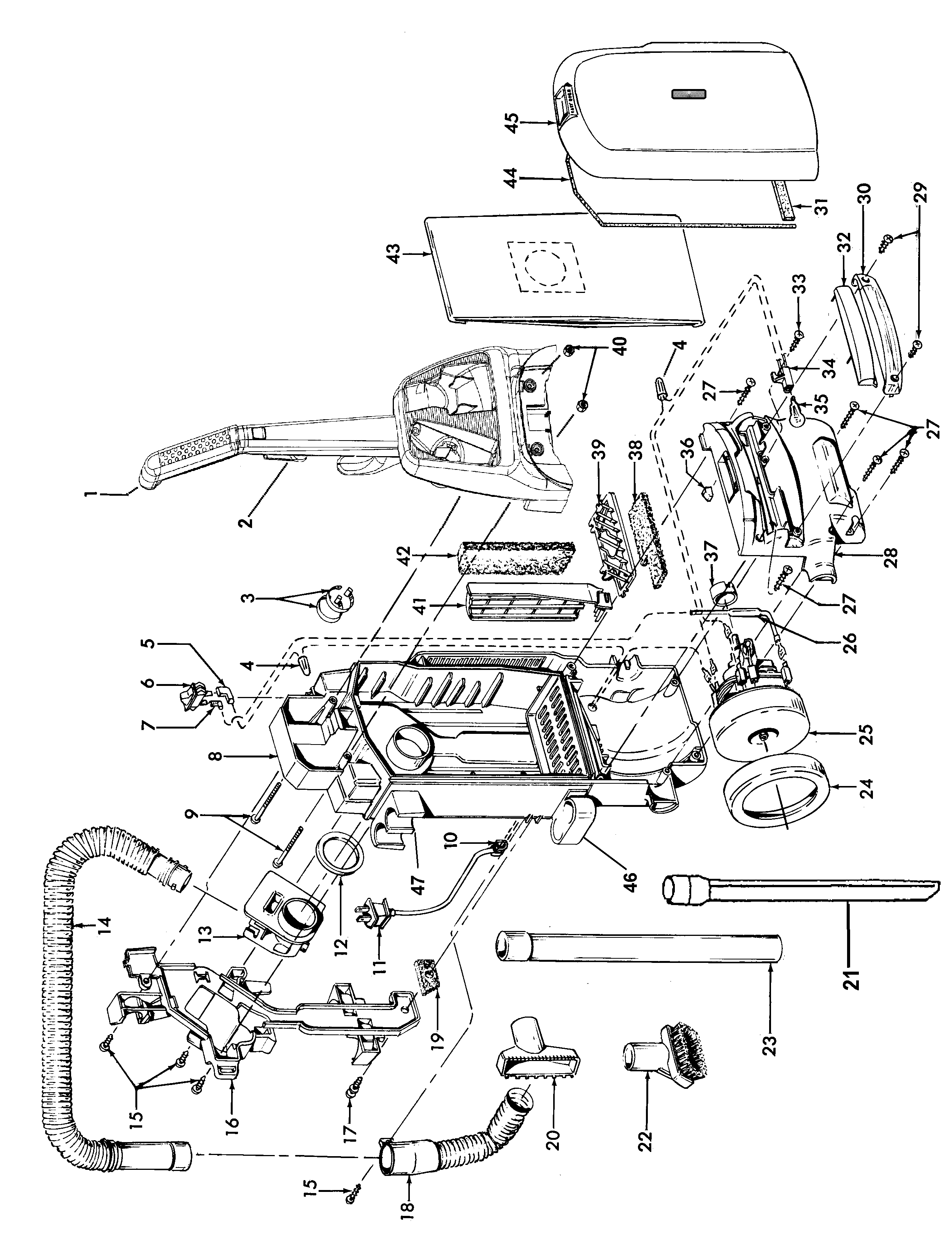 Hoover U5444-900 motor, cleaningtools, handle, outerbag diagram