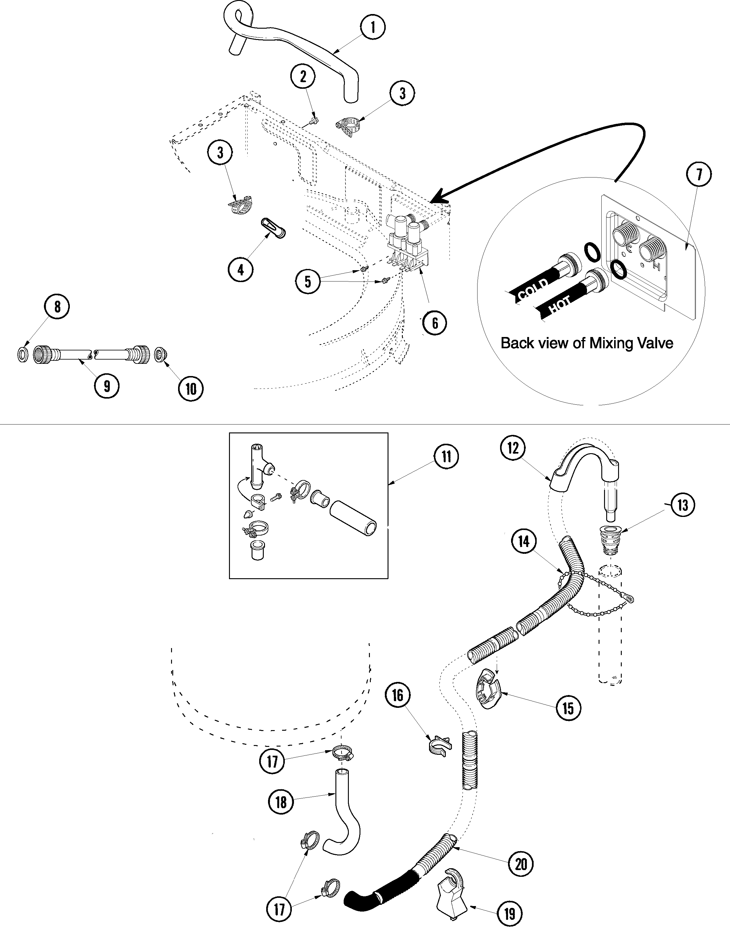 Amana ALW480DAW mixing valve and hoses diagram