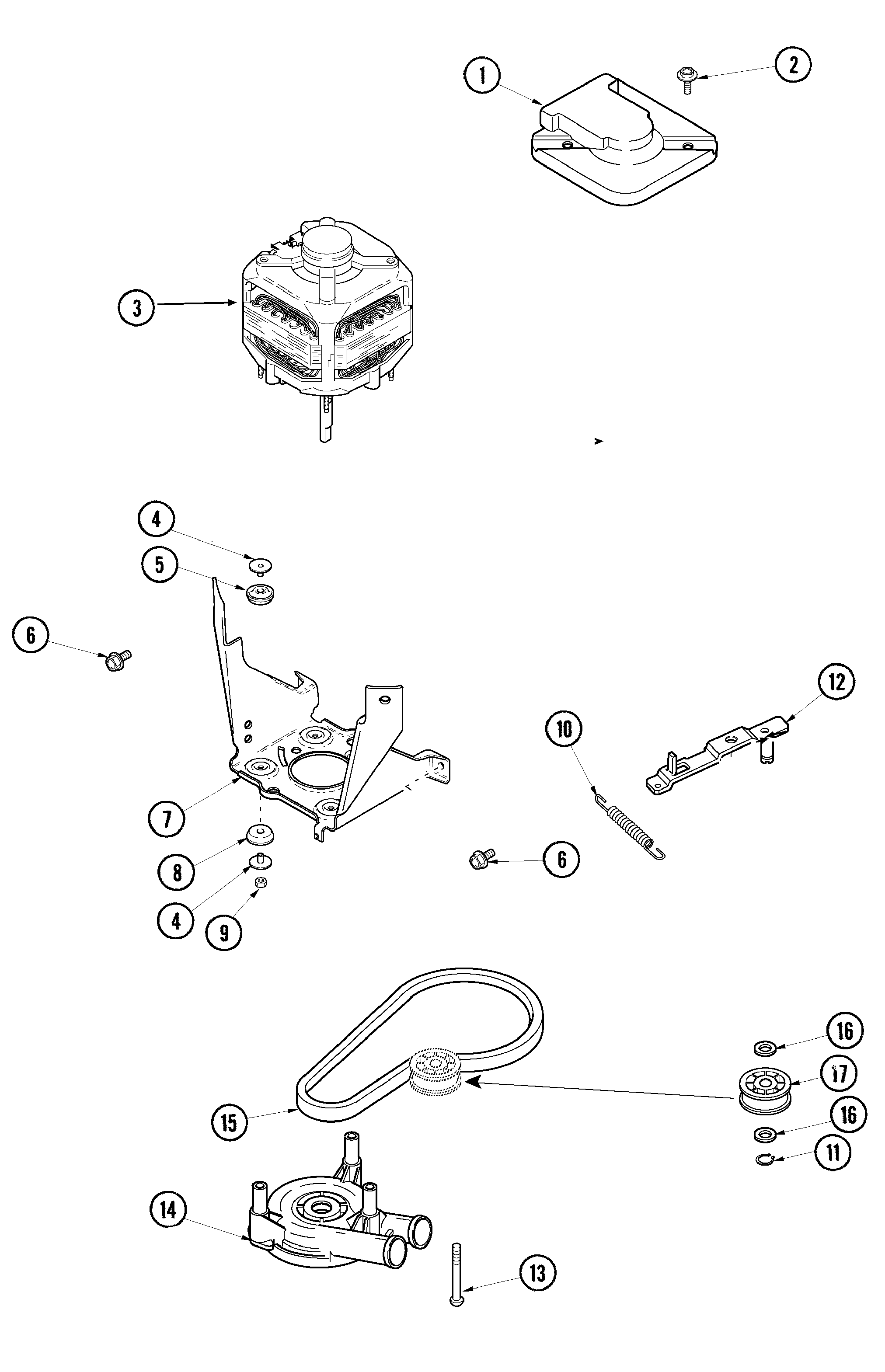 Amana ALW480DAW motor, pump, belt & idler diagram