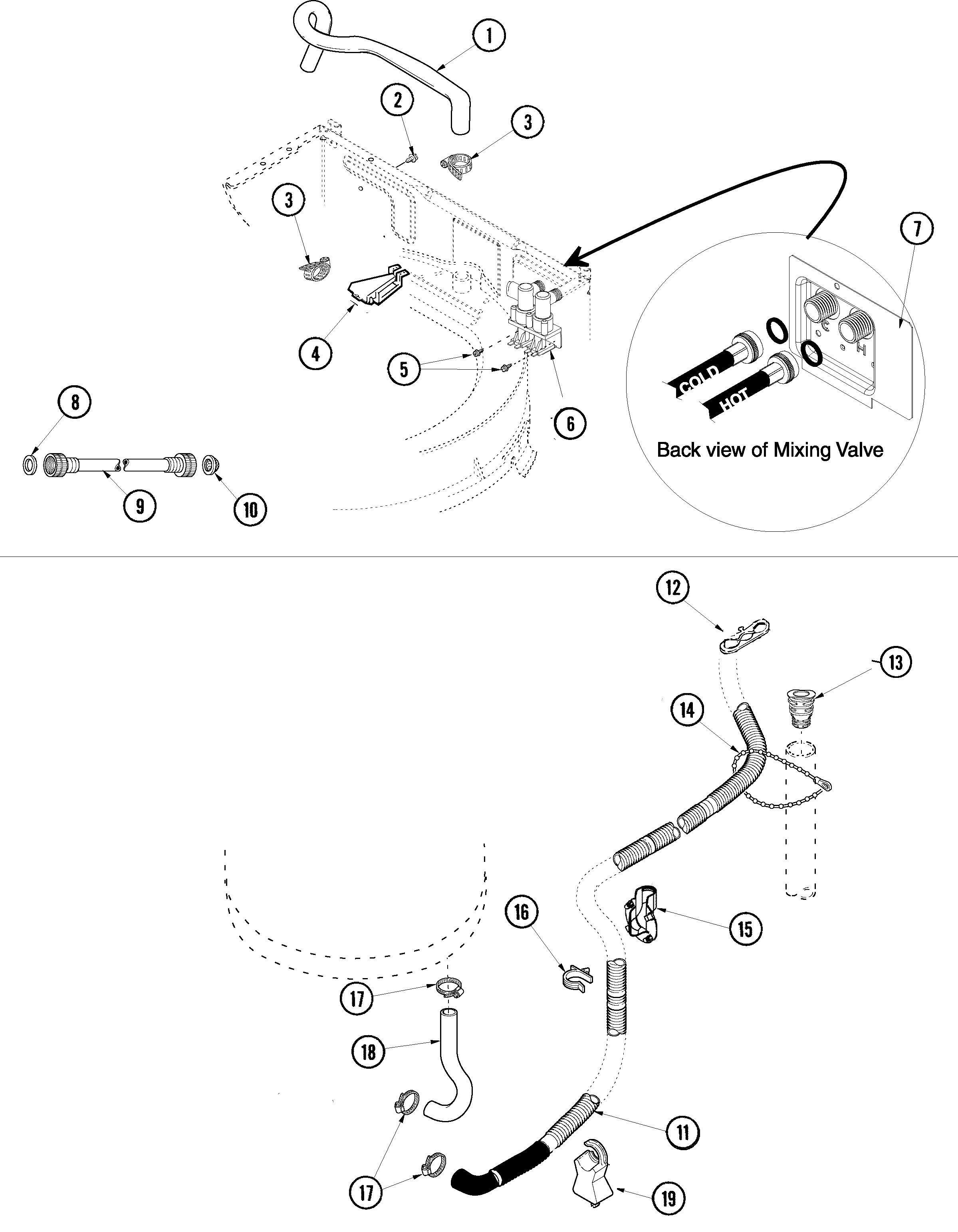 Maytag SAV4710AWW mixing valve and hoses diagram