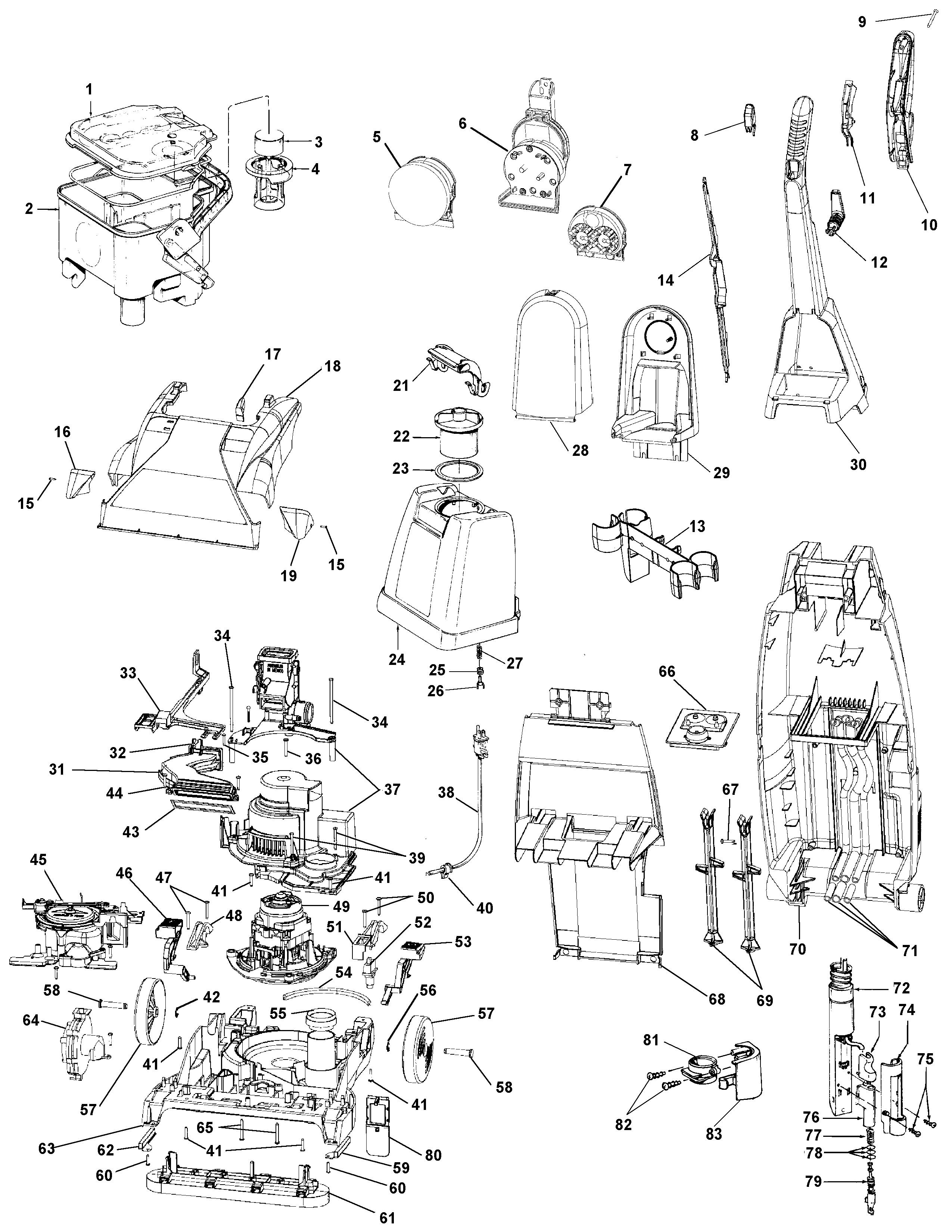 Hoover F6022900 motor, handle, tank, pump, hood, switch diagram