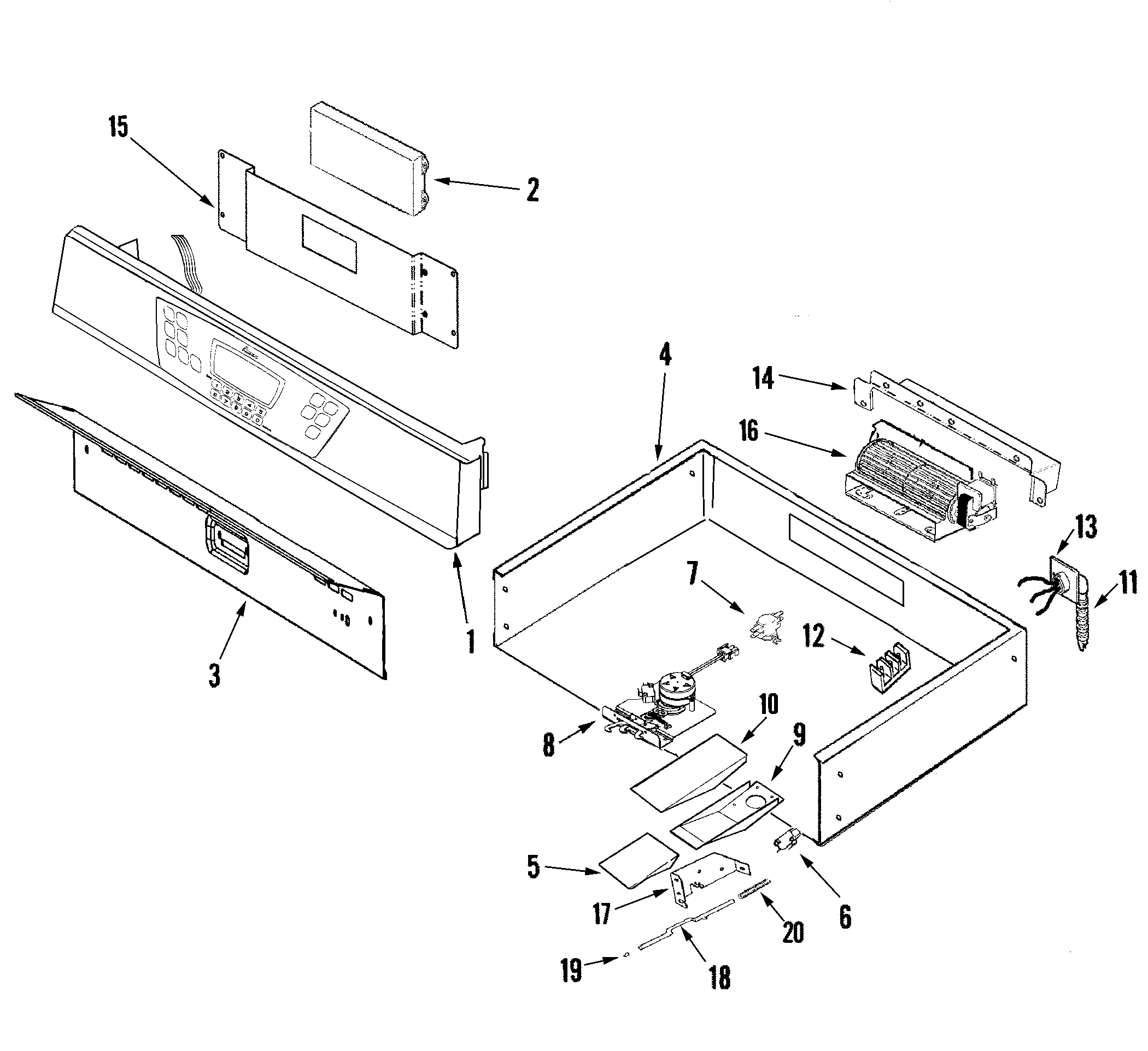 Amana AEW3530DDS control panel and internal controls diagram