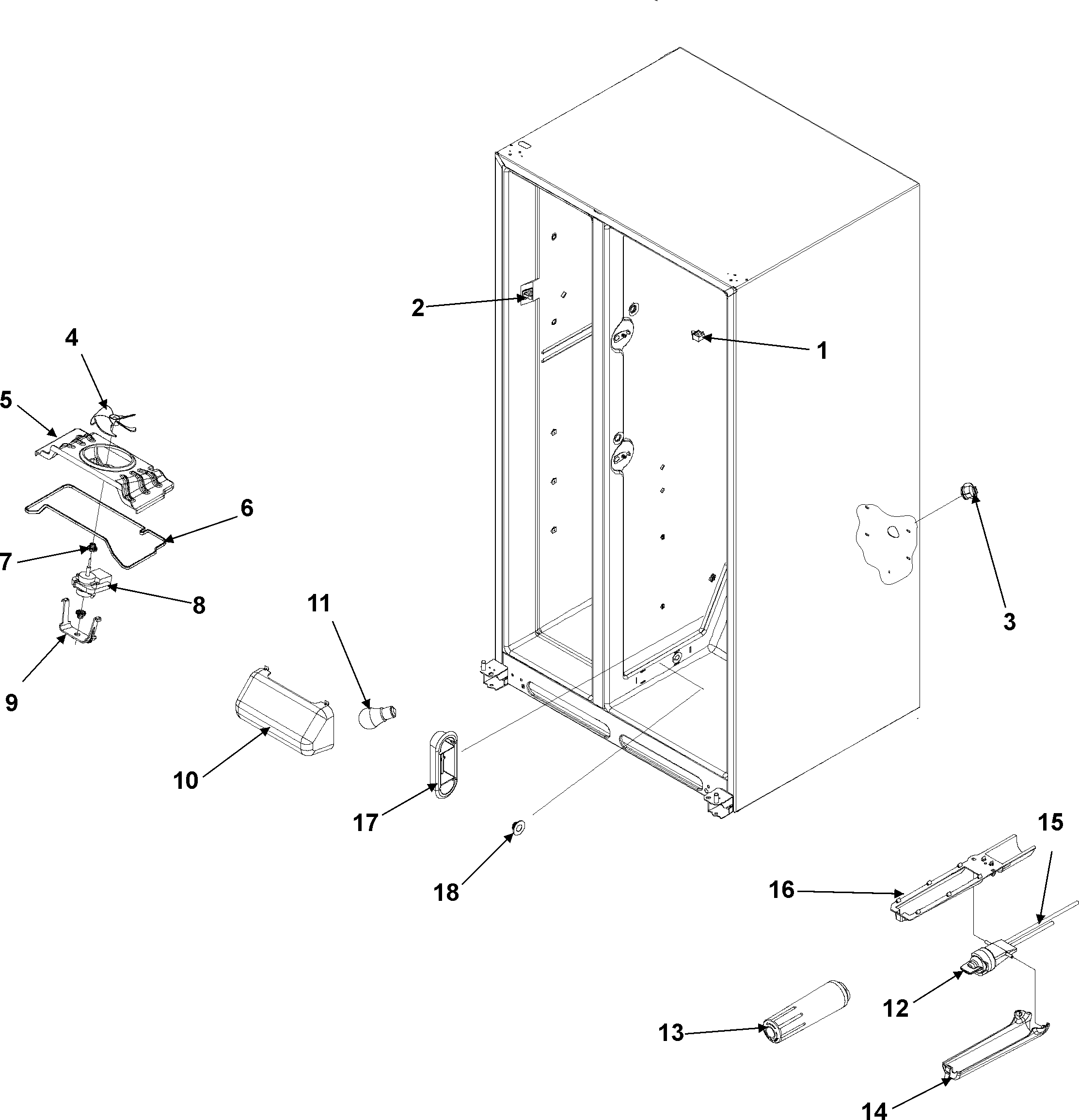 Kenmore 59657006600 evap fan assy, lights & water filter diagram