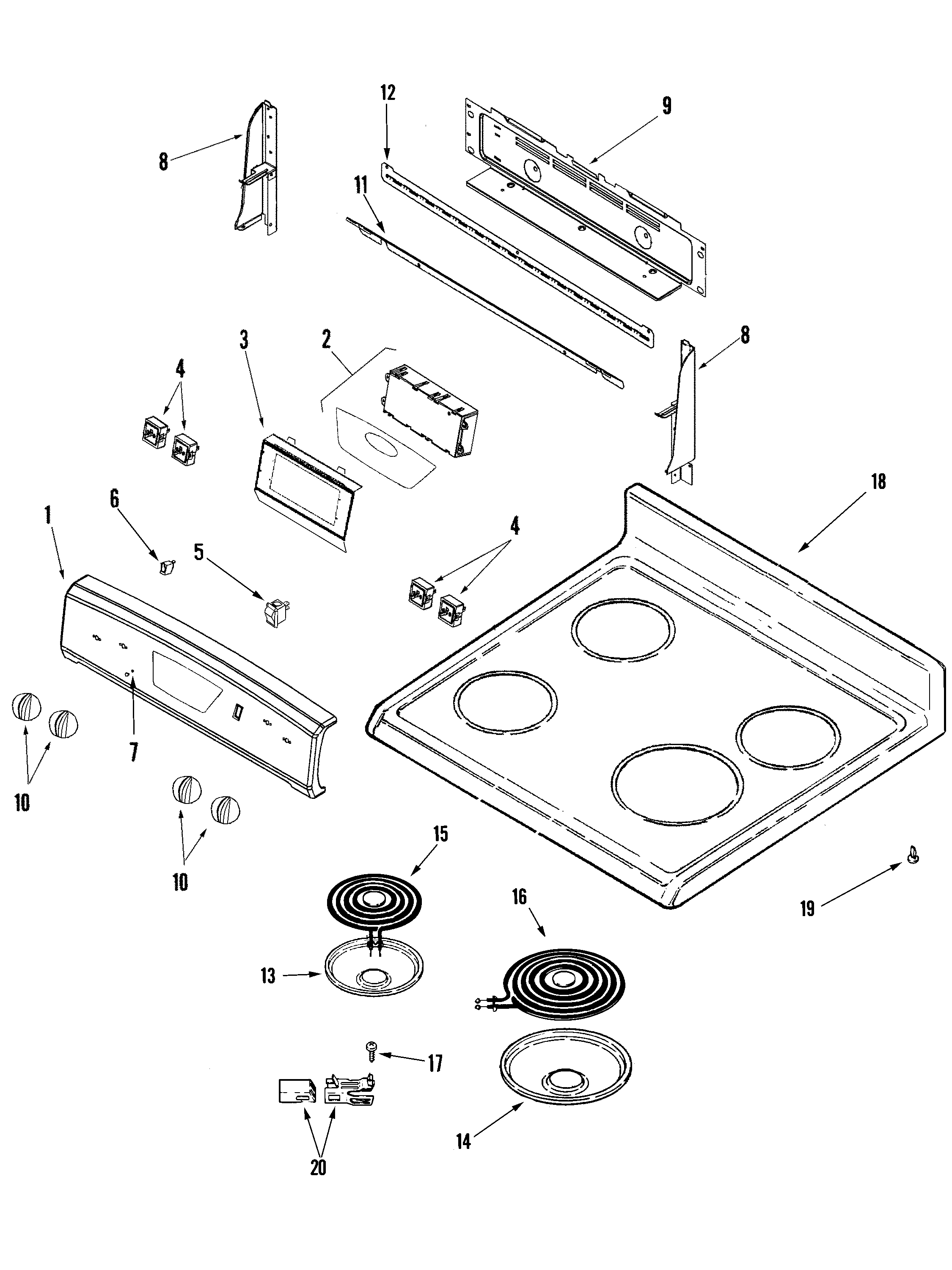Amana AER5511BAB control panel/top assembly diagram